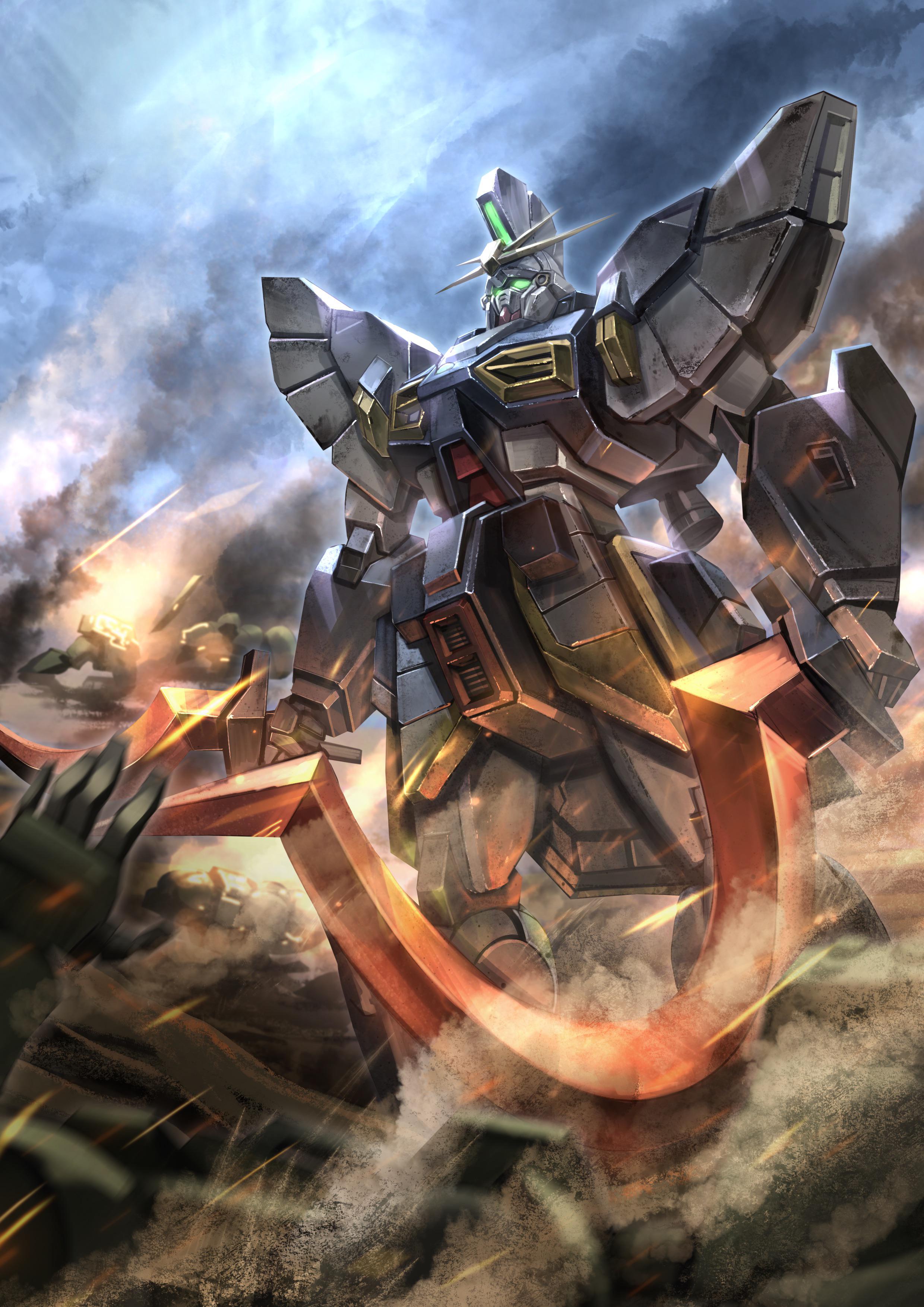 porukima, gundam sandrock, leo (mobile suit), gundam, gundam wing, absurdres, commentary, english commentary, highres, dual wielding, dust cloud, fire, glowing, glowing eyes, green eyes, holding, holding sword, holding weapon, mecha, mecha focus, mobile suit, no humans, outdoors, robot, science fiction, shotel, smoke, standing, sword, thrusters, v-fin, weapon