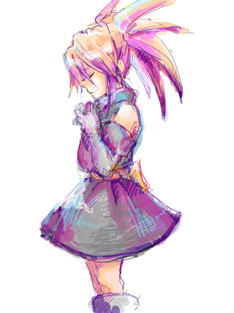 presea combatir, tales of (series), tales of symphonia, 00s, 1girl, boots, closed eyes, female focus, gloves, interlocked fingers, oekaki, pink hair, praying, simple background, solo, twintails, white background