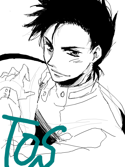 lloyd irving, tales of (series), tales of symphonia, 00s, 1boy, male focus, monochrome, oekaki, short hair, sketch, solo, spot color, white background