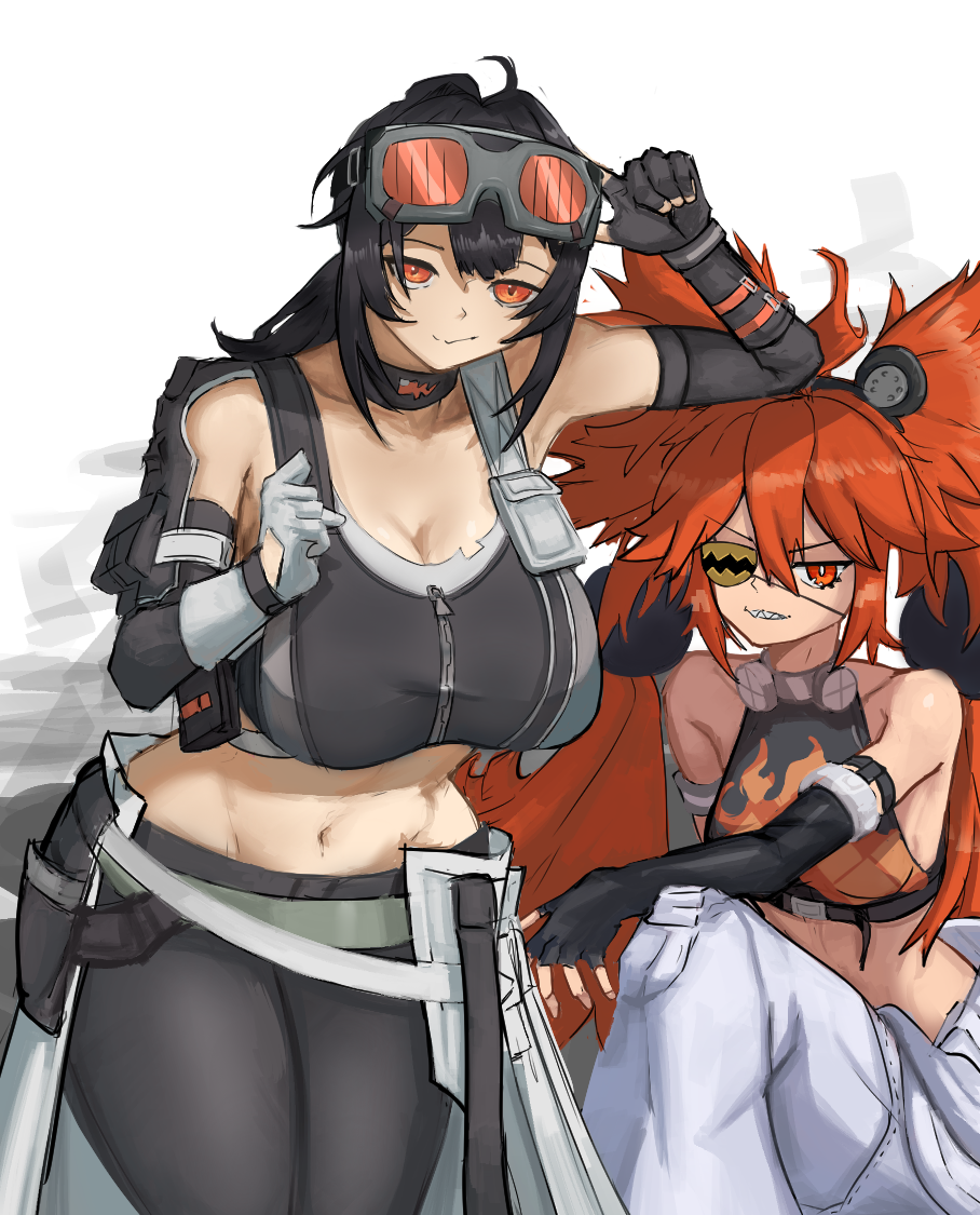 blackleo2090, grace howard, koleda belobog, zenless zone zero, commentary, english commentary, 2girls, ahoge, animal ears, bare shoulders, bear ears, black gloves, black hair, breasts, choker, cleavage, crop top, eyepatch, fake animal ears, fingerless gloves, gloves, goggles, goggles on head, hair between eyes, hair ornament, large breasts, long hair, looking at viewer, midriff, multiple girls, navel, orange eyes, pants, red eyes, red hair, smile, sphere hair ornament, sports bra, sweat, twintails
