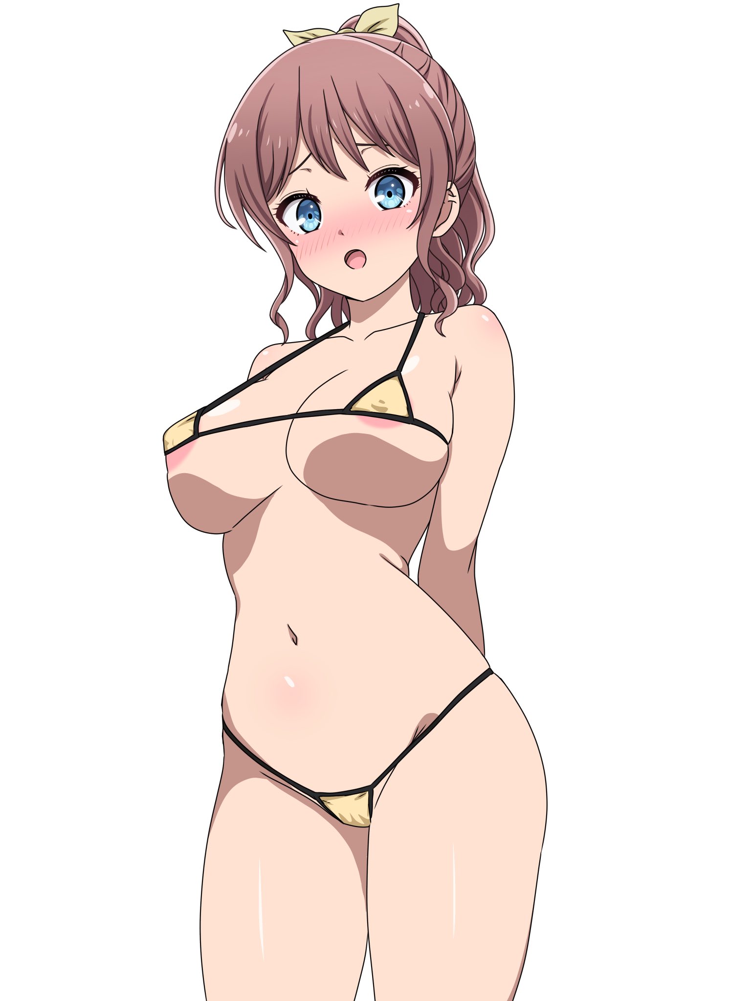 noshimurin, yamabuki saya, bang dream!, bang dream! girls band party!, commentary request, highres, 1girl, areola slip, bikini, blue eyes, blush, breasts, brown hair, covered erect nipples, half updo, large breasts, medium hair, micro bikini, open mouth, simple background, solo, swimsuit, white background, yellow bikini