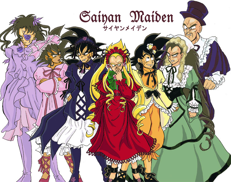 xkingdom, barasuishou, bardock, broly (dragon ball z), hinaichigo, kanaria, nappa, raditz, shinku, son goku, souseiseki, suigintou, suiseiseki, tullece, vegeta, dragon ball, dragon ball z: the tree of might, dragonball z, rozen maiden, bad id, bad pixiv id, 6+boys, barasuishou (cosplay), blonde hair, bonnet, bow, cosplay, crossdressing, crossdressing (mtf), crossover, dress, eyepatch, hat, headscarf, hinaichigo (cosplay), kanaria (cosplay), male focus, multiple boys, parody, pink bow, shinku (cosplay), souseiseki (cosplay), suigintou (cosplay), suiseiseki (cosplay), top hat, white headscarf