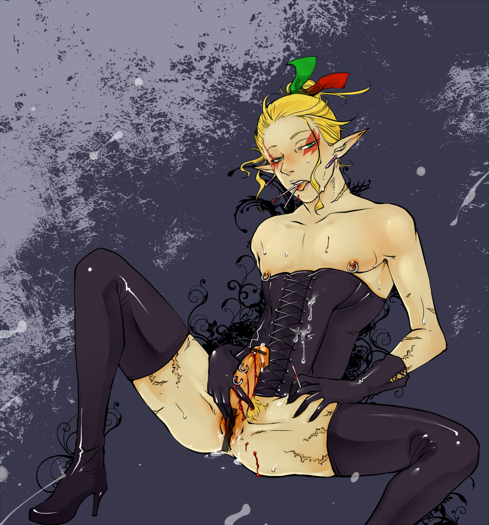cefca palazzo, final fantasy, final fantasy vi, 1990s (style), 1boy, blonde hair, blood, corset, male focus, piercing, scar