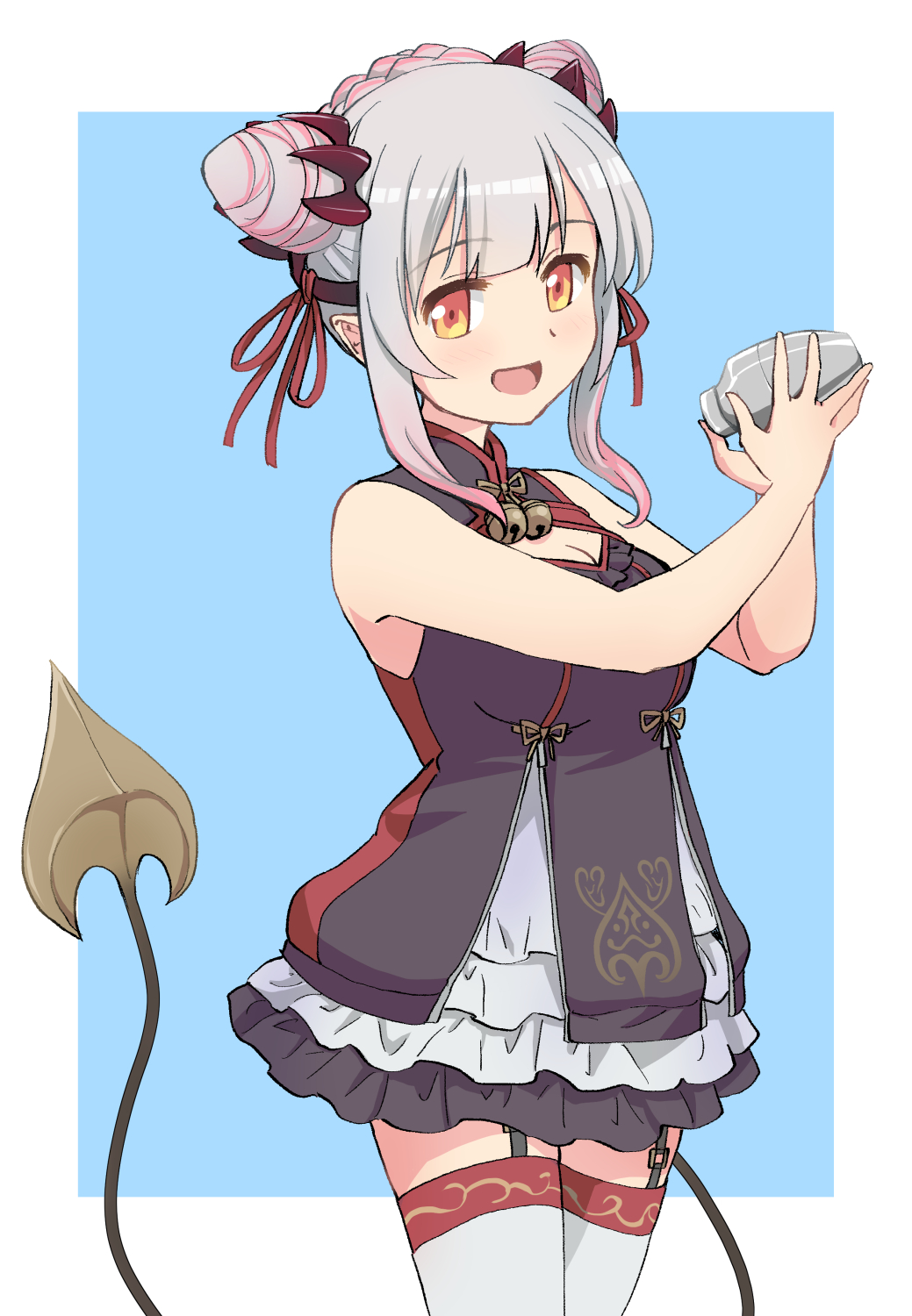 haniwa (leaf garden), suou patra, suou patra (2nd costume), nanashi inc., commentary request, highres, 1girl, :d, bare arms, bare shoulders, bell, black dress, black garter straps, black skirt, blue background, braid, breasts, center-flap bangs, china dress, chinese clothes, cleavage, cleavage cutout, clothing cutout, cocktail shaker, cone hair bun, cowboy shot, crown braid, demon girl, demon horns, demon tail, double bun, dress, garter straps, gradient hair, grey hair, hair bun, hands up, headgear, holding, holding cocktail shaker, horns, light blush, mandarin collar, multicolored hair, neck bell, no detached sleeves, official alternate costume, open mouth, orange eyes, pink hair, pink streaks, pointy ears, raised eyebrows, red horns, short dress, side up bun, skirt, skirt under dress, smile, solo, streaked hair, tail, thighhighs, virtual youtuber, white thighhighs, zettai ryouiki