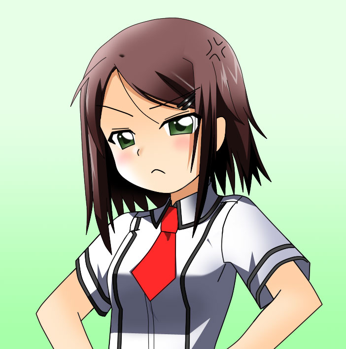 kinoshita yuuko, baka to test to shoukanjuu, 1girl, angry, brown hair, female focus, gradient background, green eyes, hair ornament, hairclip, hairpin, school uniform, short hair, solo