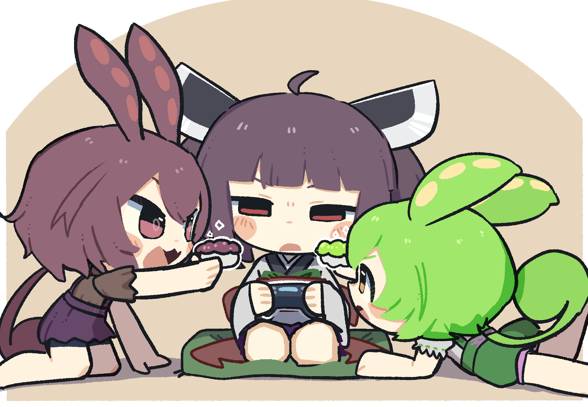 konohoshi, ankomon, touhoku kiritan, zundamon, voiceroid, voicevox, commentary, highres, symbol-only commentary, 3girls, ahoge, animal ears, barefoot, bike shorts, bike shorts under skirt, blunt bangs, blush stickers, brown background, brown hair, brown shirt, chibi, chibi only, edamame, feet out of frame, food, green hair, green shorts, headgear, holding, holding food, long hair, low ponytail, multiple girls, open mouth, ponytail, red eyes, red skirt, shirt, short hair, short sleeves, shorts, skirt, sushi, suspender shorts, suspenders, white shirt