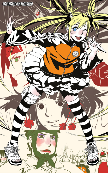 @ (shuriken fighter), shuriken (artist), haruno sakura, hatake kakashi, naruko (naruto), sai (naruto), uzumaki naruto, yamato (naruto), naruto (classic), naruto (series), naruto shippuuden, striped legwear, 2boys, 3girls, age difference, artist name, bag, black eyes, black hair, black jacket, blonde hair, blue eyes, blush, breasts, closed mouth, eyeshadow, facial mark, facing another, facing viewer, floating hair, full body, genderswap, genderswap (ftm), genderswap (mtf), green eyes, hair ornament, hair over one eye, hair tie, half-closed eyes, hands up, happy, headband, heterochromia, holding, holding microphone, jacket, kunai, large breasts, legs, lipstick, long hair, long sleeves, looking at another, looking at viewer, looking to the side, makeup, medium breasts, microphone, multicolored jacket, multiple boys, multiple girls, music, one eye closed, one eye covered, open mouth, orange jacket, outstretched arm, parted lips, partial monochrome, partially colored, pouch, red eyes, red headband, ribbon, sandals, scar, scar across eye, scar on face, sharingan, short hair, singing, skirt, smile, standing, striped clothes, striped thighhighs, surprised, sweat, sweatdrop, teacher and student, teeth, thigh strap, thighhighs, trap, upper body, weapon, whisker markings, whiskers, wide-eyed, wink, zipper