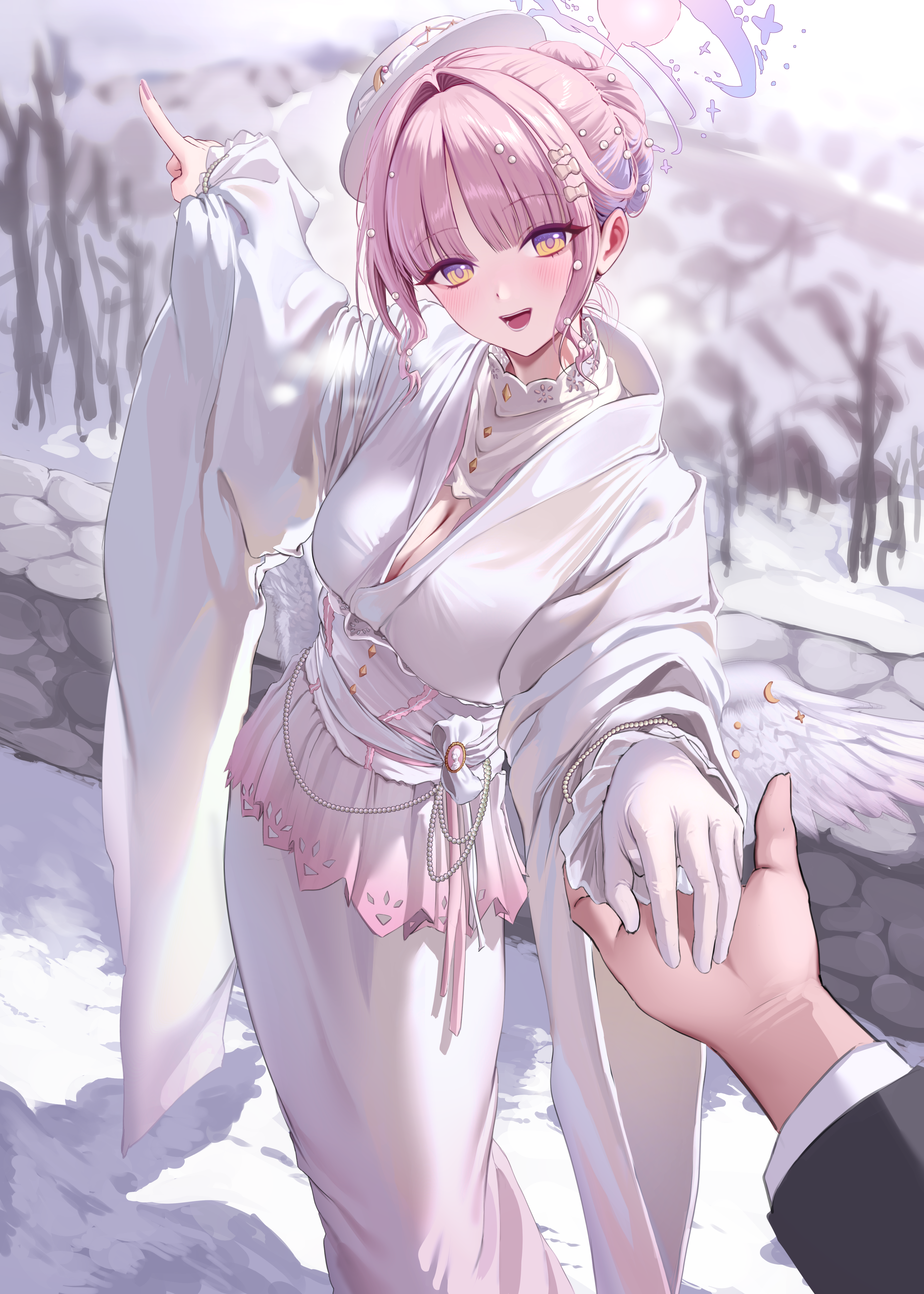 furuming1, mika (blue archive), blue archive, absurdres, commentary, highres, 1girl, alternate costume, angel wings, breasts, cleavage, dress, feathered wings, gloves, gradient halo, halo, holding hands, large breasts, looking at viewer, low wings, mika (new year) (blue archive), multicolored halo, outdoors, pink dress, pink halo, pointing, pov, smile, snow, solo focus, tilted headwear, white gloves, white wings, wing ornament, wings