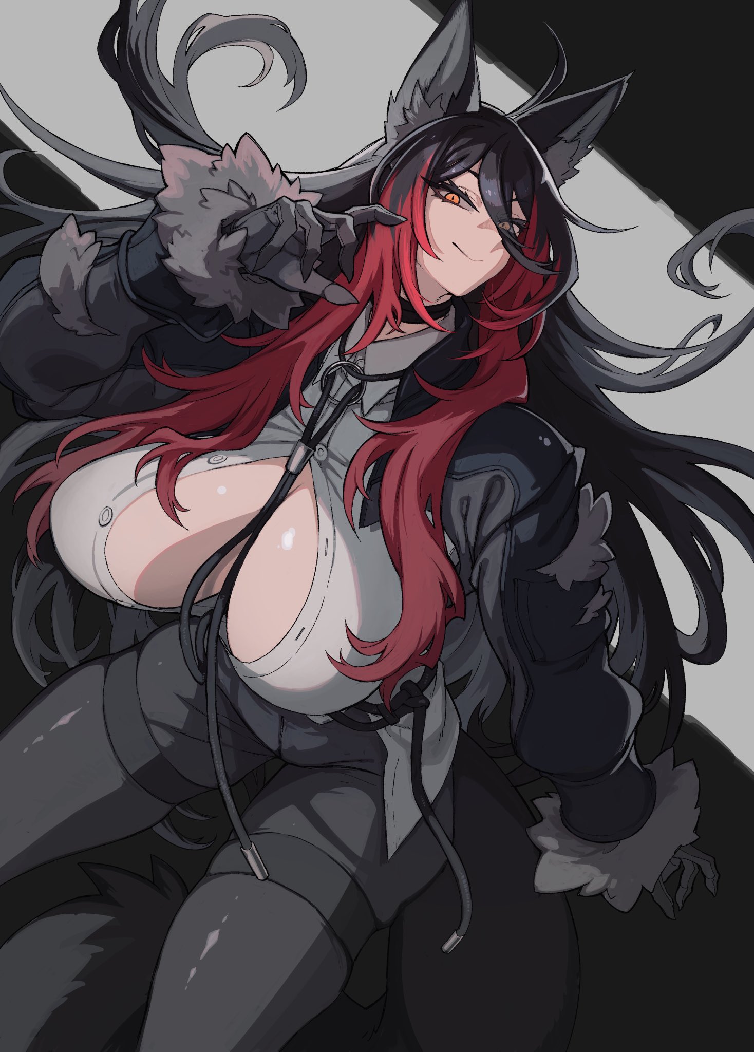 10den, original, commentary, highres, 1girl, ahoge, animal ear fluff, animal ears, black choker, black hair, black jacket, breasts, choker, cleavage, collarbone, fur-trimmed sleeves, fur trim, hair between eyes, huge breasts, jacket, light smile, long hair, looking at viewer, multicolored hair, orange eyes, red hair, solo, tall female, thick thighs, thighs
