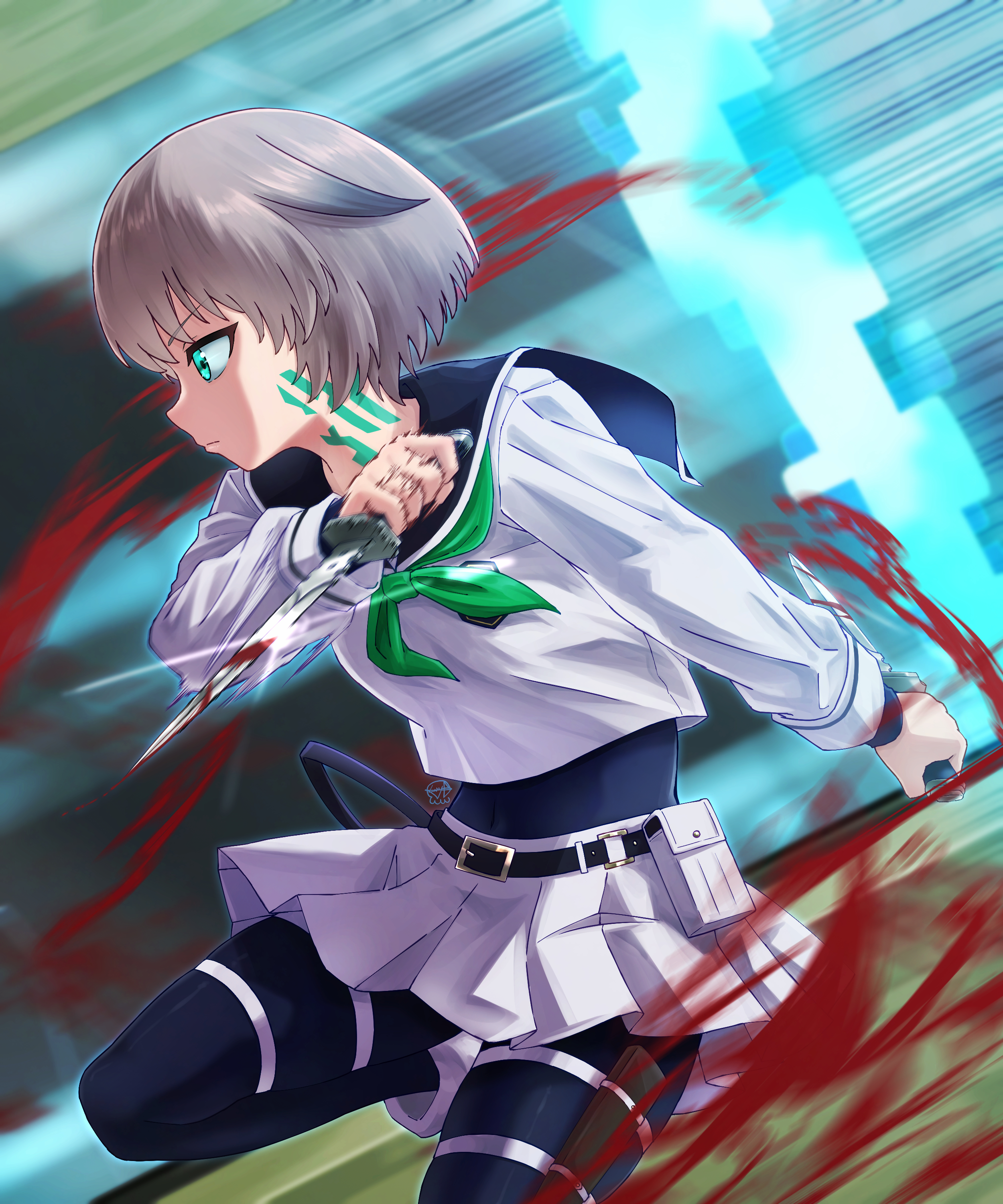 mutsuki (mutsuki0110), absurdres, commentary, highres, 1girl, belt, black pantyhose, blood, bloody weapon, dual wielding, glint, green eyes, green neckerchief, grey hair, holding, holding knife, indou yukine, knife, motion blur, neck tattoo, neckerchief, pantyhose, pouch, school uniform, scum of the brave, serafuku, shirt, short hair, slicing, tattoo, weapon, white shirt