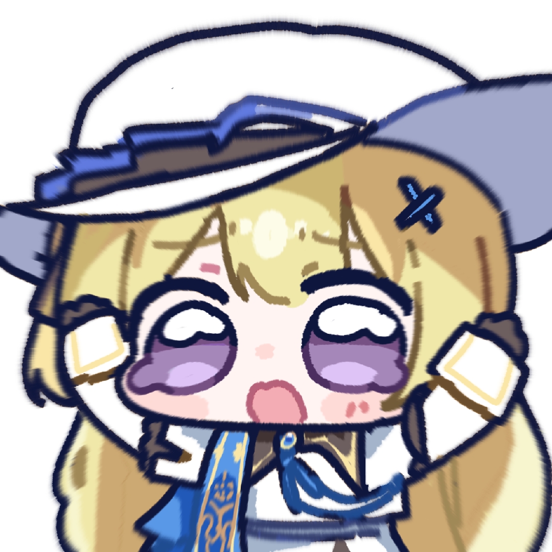 miratsu (miratsu169), phoebe (wuthering waves), wuthering waves, chinese commentary, commentary request, 1girl, arms up, blonde hair, blush, brown gloves, chibi, chibi only, crying, gloves, hat, long hair, looking at viewer, meme, open mouth, purple eyes, simple background, solo, tearing up, white background, white hat