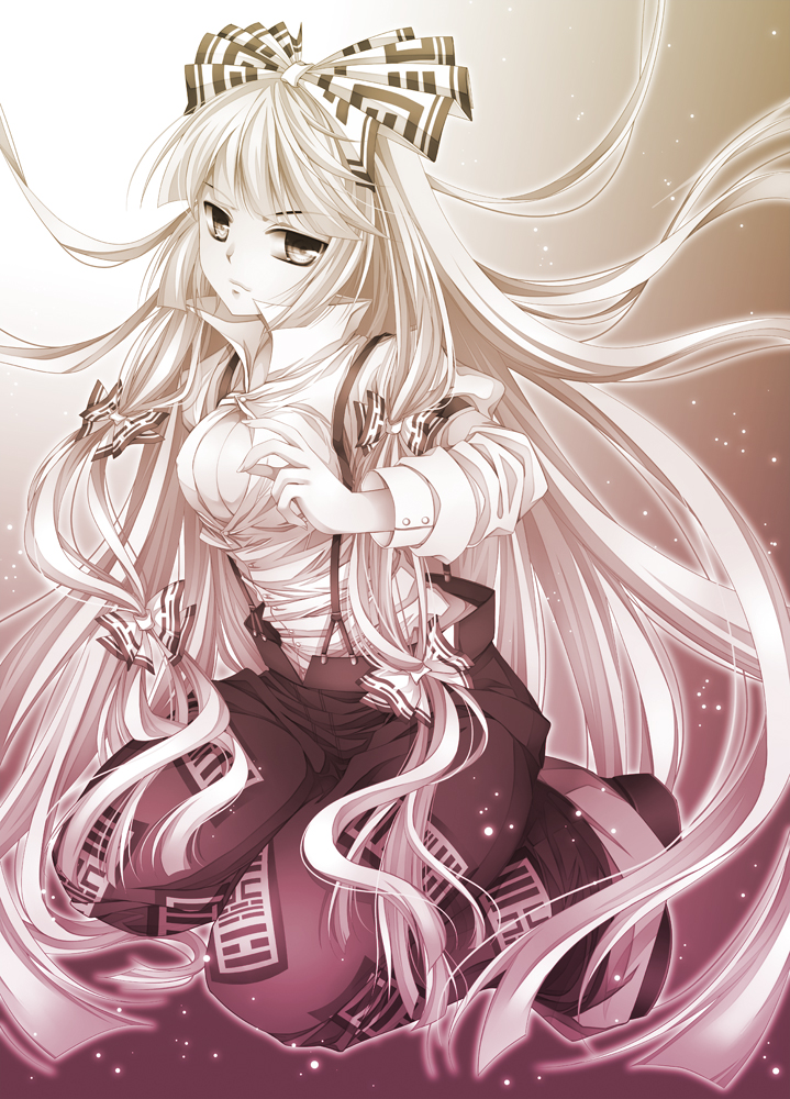 mikazuki sara, fujiwara no mokou, touhou, bad id, bad pixiv id, 1girl, bow, breasts, cleavage, female focus, hair bow, kneeling, long hair, open clothes, open shirt, shirt, solo, suspenders, unbuttoned