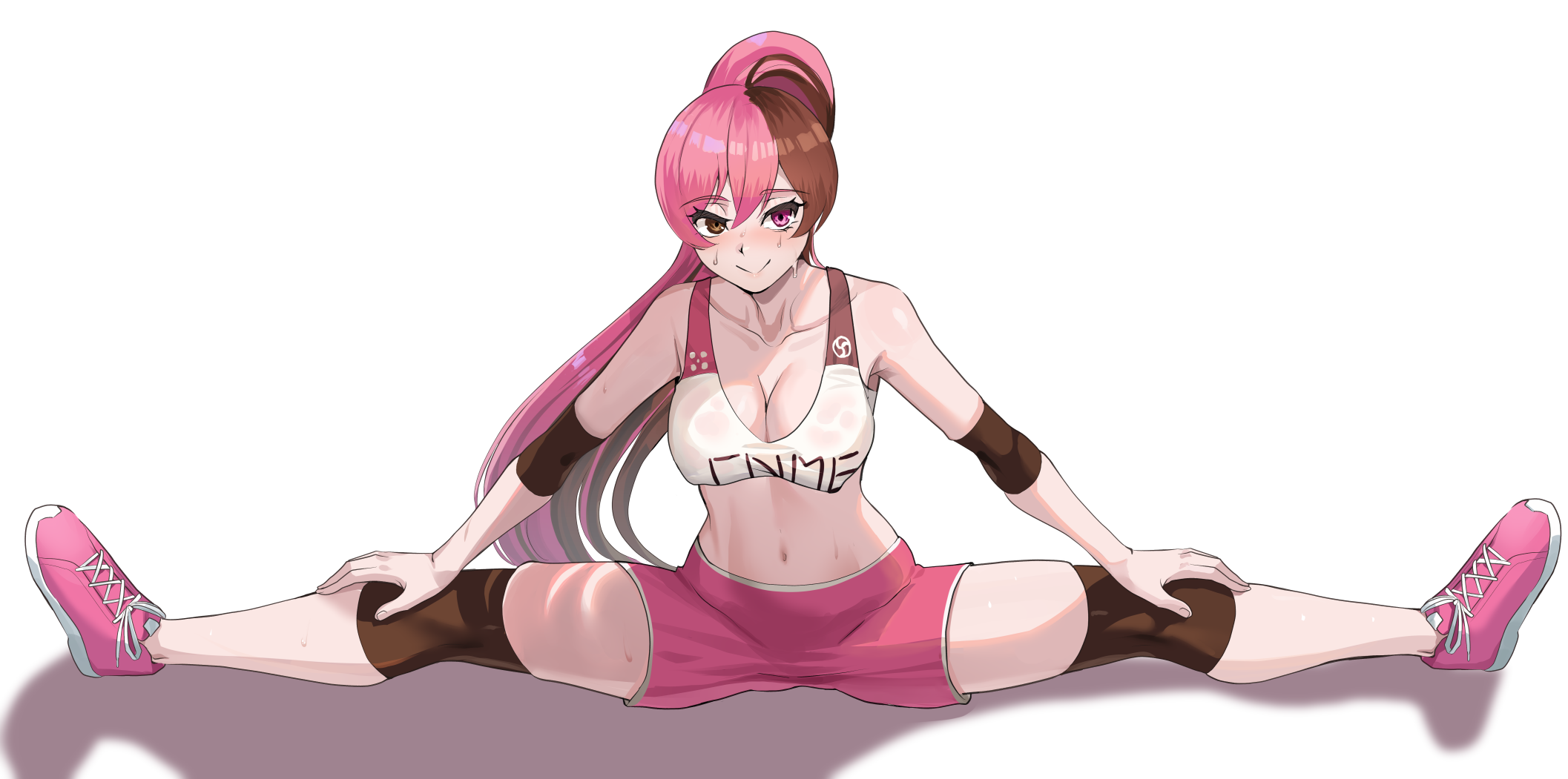 nico-mo, neopolitan (rwby), rwby, variant set, 1girl, bare shoulders, blush, breasts, brown eyes, brown hair, closed mouth, collarbone, eyelashes, female focus, full body, hands on own knees, heterochromia, knee pads, large breasts, leaning forward, long hair, looking at viewer, matching hair/eyes, multicolored hair, navel, pink eyes, pink hair, pink shoes, pink shorts, ponytail, shoes, shorts, simple background, sitting, smile, sneakers, solo, split, sports bra, spread legs, two-tone hair, wet, wet clothes, white background, white sports bra, wide spread legs