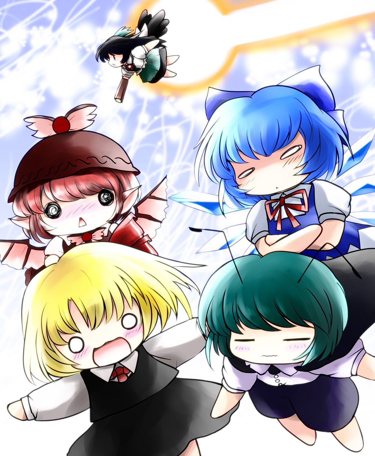 yume shokunin, cirno, mystia lorelei, reiuji utsuho, rumia, wriggle nightbug, touhou, highres, 5girls, :<, blonde hair, flying, multiple girls, o o, team 9 (touhou)