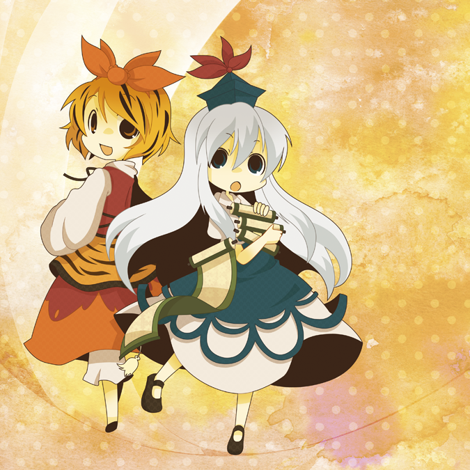 misaki, misaki (1n1m), kamishirasawa keine, toramaru shou, touhou, silver hair, 2girls, black eyes, blonde hair, blue dress, blush, chibi, dress, female focus, full body, hat, looking at viewer, multiple girls, red dress, scroll, short hair, standing, tareme, tate eboshi