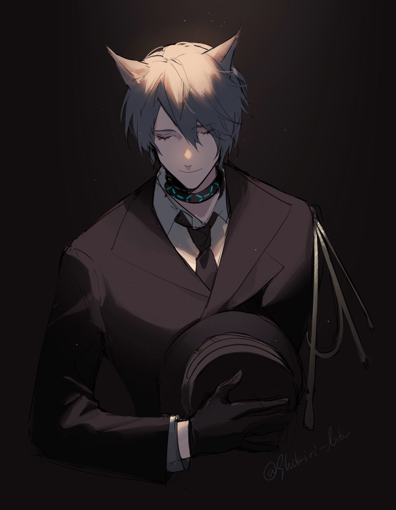 shikiri, infection monitor (arknights), phantom (arknights), arknights, commentary request, highres, 1boy, aiguillette, animal ears, bishounen, black background, black gloves, black hat, black jacket, black necktie, cat boy, cat ears, closed eyes, closed mouth, collared shirt, cropped torso, formal clothes, gloves, grey hair, hat, holding, holding unworn clothes, holding unworn hat, jacket, long sleeves, male focus, necktie, shirt, short hair, simple background, smile, solo, suit, twitter username, unworn hat, unworn headwear, upper body, white shirt