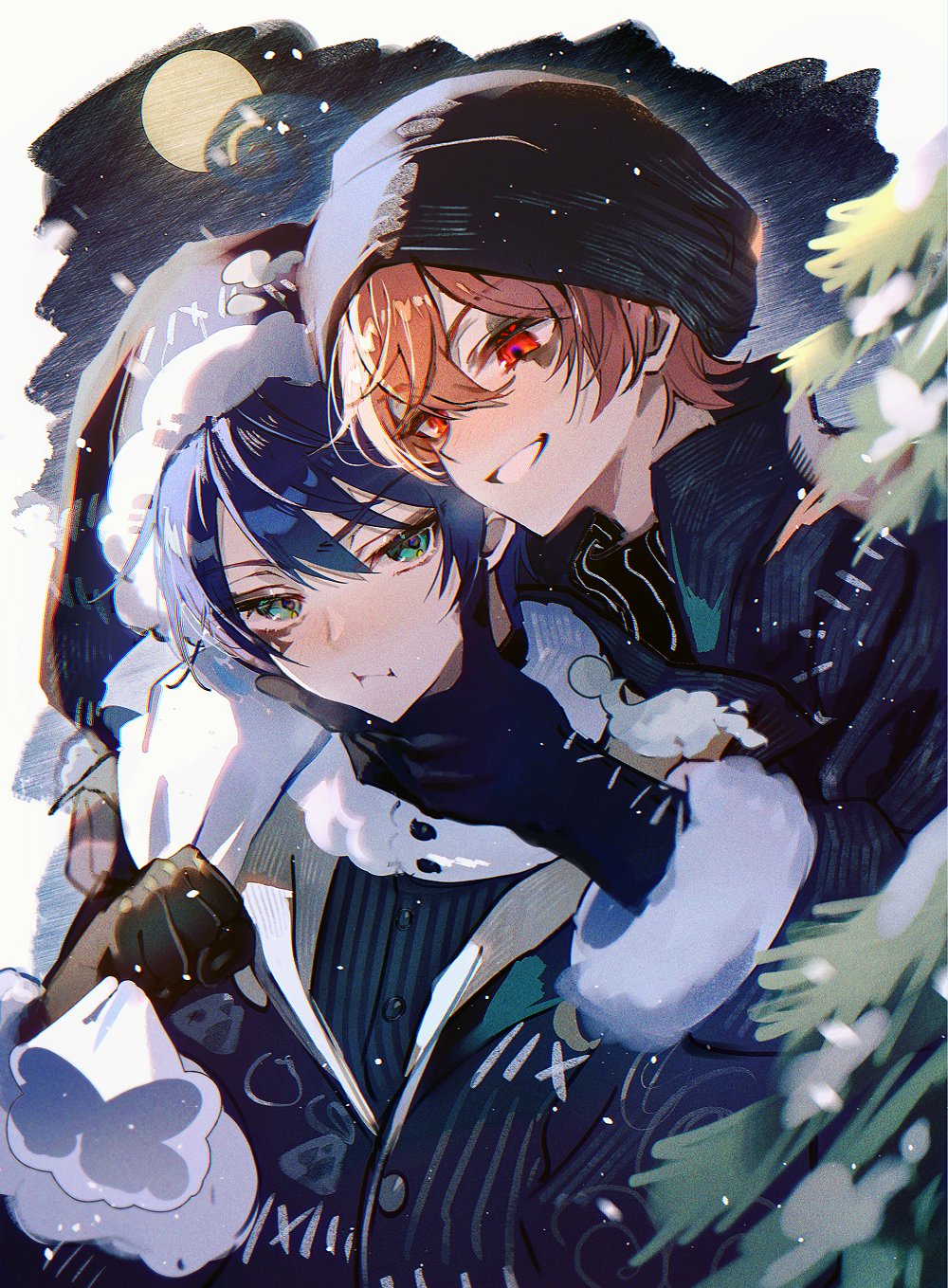 tawan (46okuneeen), ace trappola, deuce spade, twisted wonderland, commentary request, highres, 2boys, beanie, blue hair, closed mouth, cold, full moon, gloves, green eyes, hat, long sleeves, looking at another, male focus, moon, multiple boys, outdoors, red eyes, red hair, smile, snow, squeezing cheeks, teeth, tree, yaoi