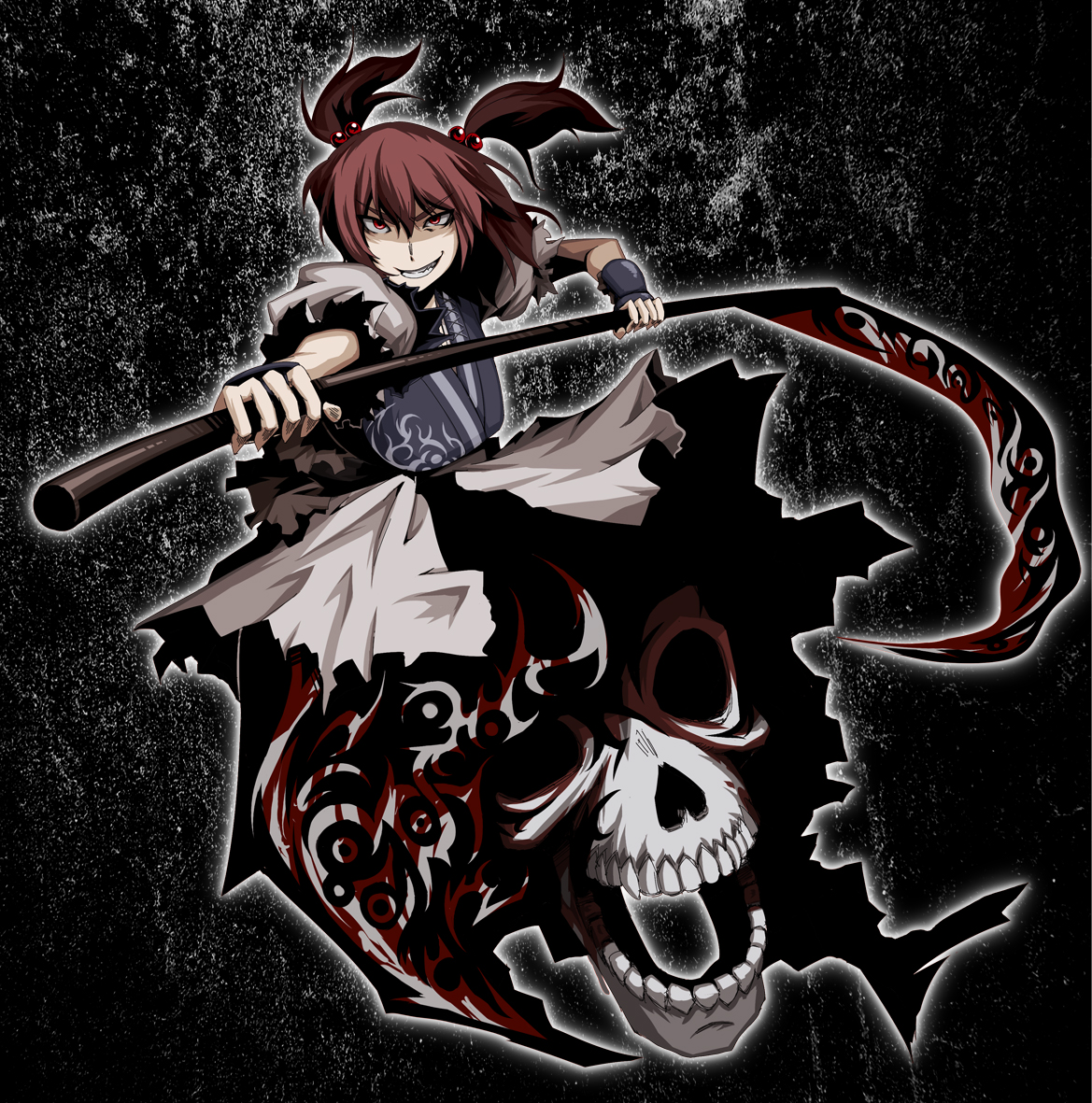 hetza (hellshock), onozuka komachi, touhou, no legs, 1girl, female focus, grin, hair bobbles, hair ornament, scythe, short twintails, skull, smile, solo, teeth, twintails, two side up