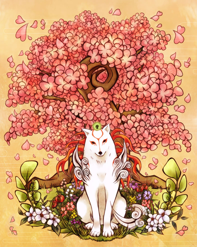 susutake (pixiv), amaterasu (ookami), issun, ookami (game), animal, cherry blossoms, flower, no humans, tree, wolf