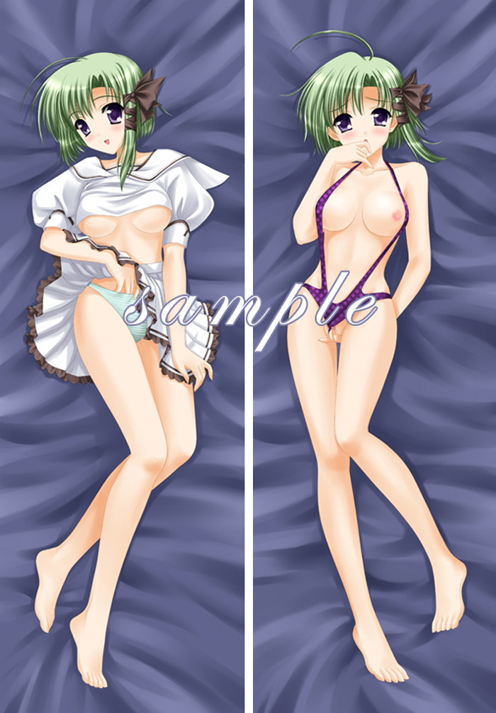 dakemakura-koubou, dodojune, shigure asa, shuffle!, 00s, 1girl, ahoge, barefoot, blush, breasts, censored, clothes lift, clothing aside, dakimakura (medium), feet, female masturbation, fingering, green hair, hair ribbon, lying, masturbation, multiple views, nipples, open mouth, panties, purple eyes, pussy, ribbon, sample watermark, short hair, skirt, skirt lift, slingshot swimsuit, smile, striped clothes, striped panties, swimsuit, swimsuit aside, underboob, underwear, upskirt, watermark