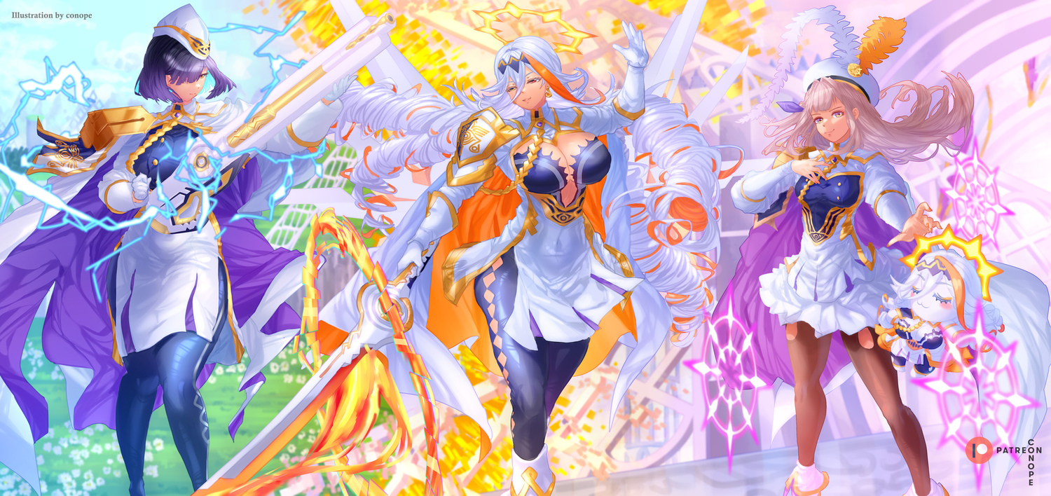 conope, baldr (fire emblem heroes), hodr (fire emblem), vali (fire emblem), fire emblem, fire emblem heroes, nintendo, commentary, english commentary, 3girls, black hair, breasts, cape, cleavage, gold cape, gun, holding, holding gun, holding sword, holding weapon, large breasts, multiple girls, orange cape, orange streaks, pantyhose, siblings, single hair streak, sisters, sword, weapon