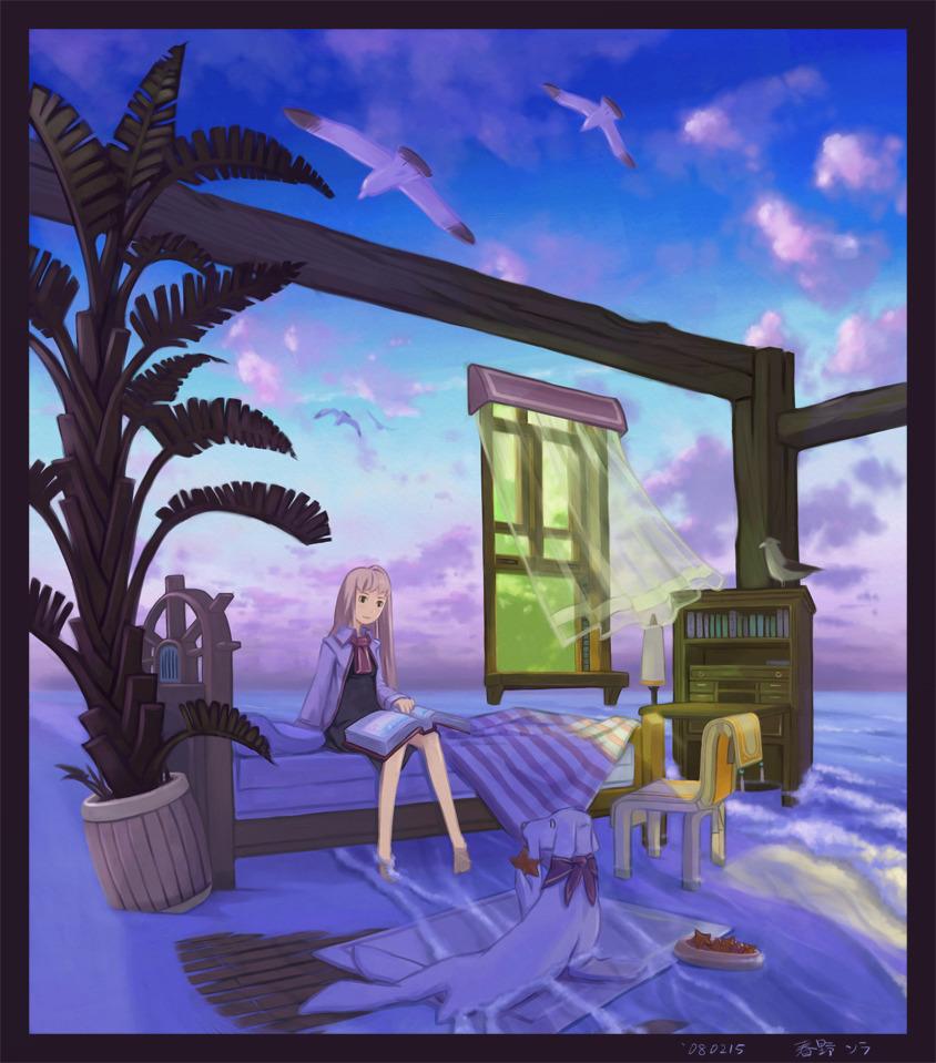 haruno, haruno sora, original, 1girl, barefoot, beach, bed, bedroom, bird, black eyes, book, border, brown hair, chair, cloud, curtains, dog, feet, female focus, long hair, ocean, outdoors, sitting, sky, soaking feet, solo, surreal, toes, tree, water, waves, window