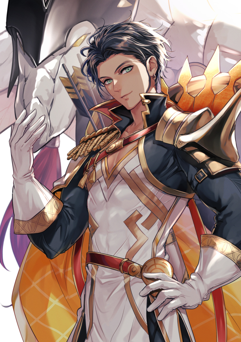 saku (soreca49), claude von riegan, claude von riegan (almyra's king) (resplendent), claude von riegan (timeskip), fire emblem, fire emblem: three houses, fire emblem heroes, nintendo, commentary request, 1boy, black tunic, brown hair, cape, dark-skinned male, dark skin, epaulettes, green eyes, official alternate costume, pectoral cleavage, pectorals, single epaulette, solo, tunic, white cape, white tunic, yellow cape