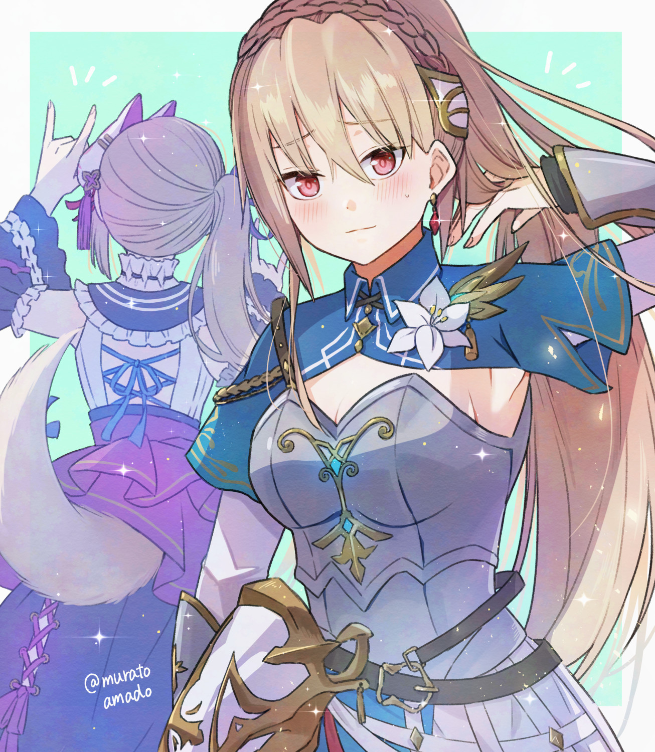 muratoamado, kiryuu miya, shirakawa yuina, heaven burns red, commentary, highres, 2girls, adjusting hair, aqua border, arm at side, arm guards, arm up, armor, bare shoulders, belt, black belt, blonde hair, blue capelet, blush, border, braid, breasts, brown hair, capelet, cleavage, closed mouth, cowboy shot, crown braid, detached sleeves, double fox shadow puppet, earrings, flower, fox mask, fox shadow puppet, fox tail, frilled sleeves, frills, furrowed brow, hair behind ear, hair between eyes, japanese clothes, jewelry, large breasts, light smile, lolita fashion, long hair, long sleeves, looking at viewer, mask, mask on head, multiple girls, notice lines, official alternate costume, official alternate hairstyle, outside border, ponytail, red eyes, shy, side ponytail, sidelocks, simple background, sparkle, straight hair, sweatdrop, tail, tail raised, tsurime, twitter username, very long hair, wa lolita, white border, white flower, wide sleeves