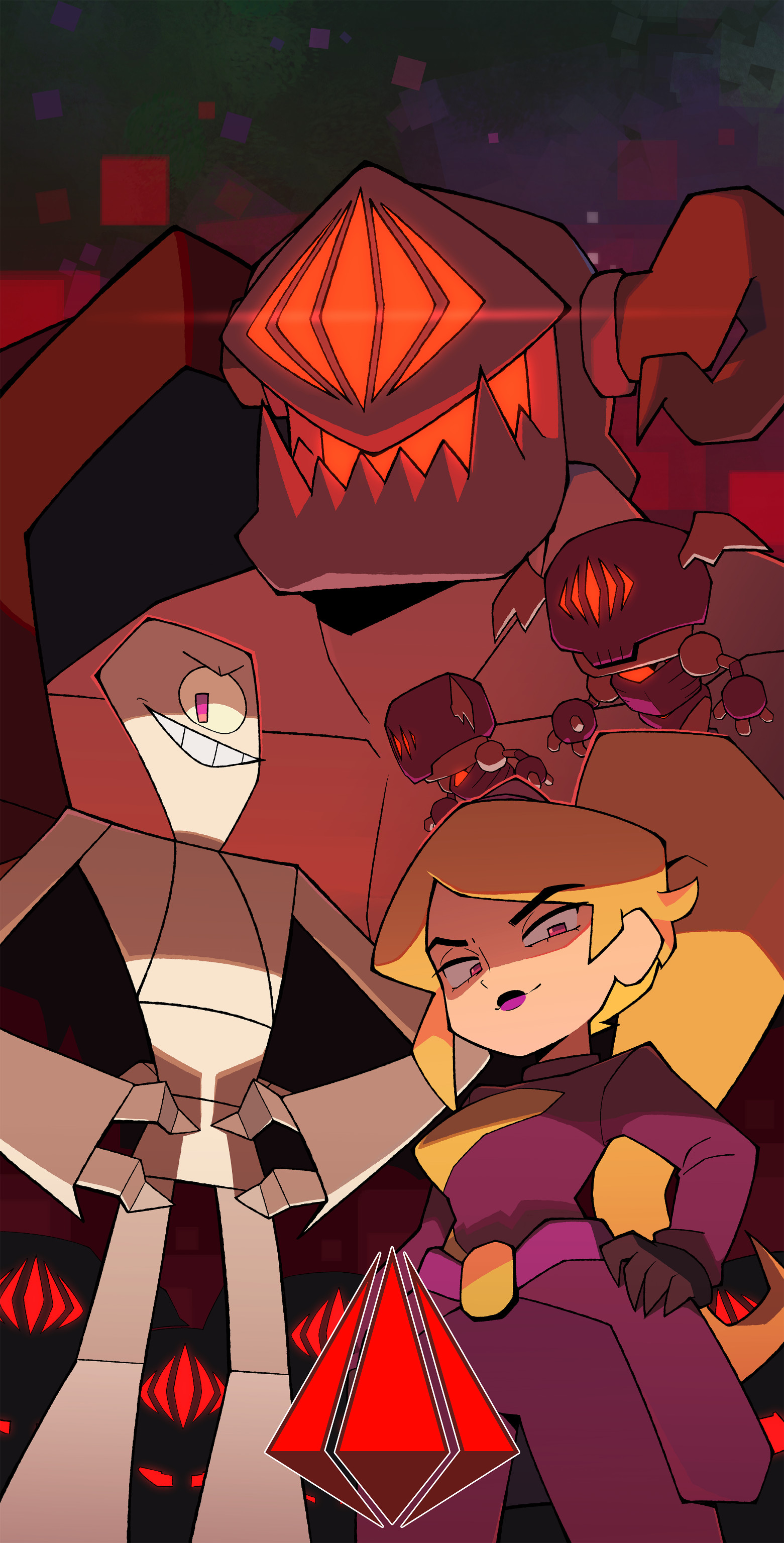 bacun, absurdres, character request, commentary, english commentary, highres, official art, tagme, 1girl, blonde hair, curled horns, evil grin, evil smile, gameoverse, grin, hand on own hip, horns, long hair, looking at viewer, ponytail, purple eyes, purple lips, shaded face, sharp teeth, smile, teeth, very long hair