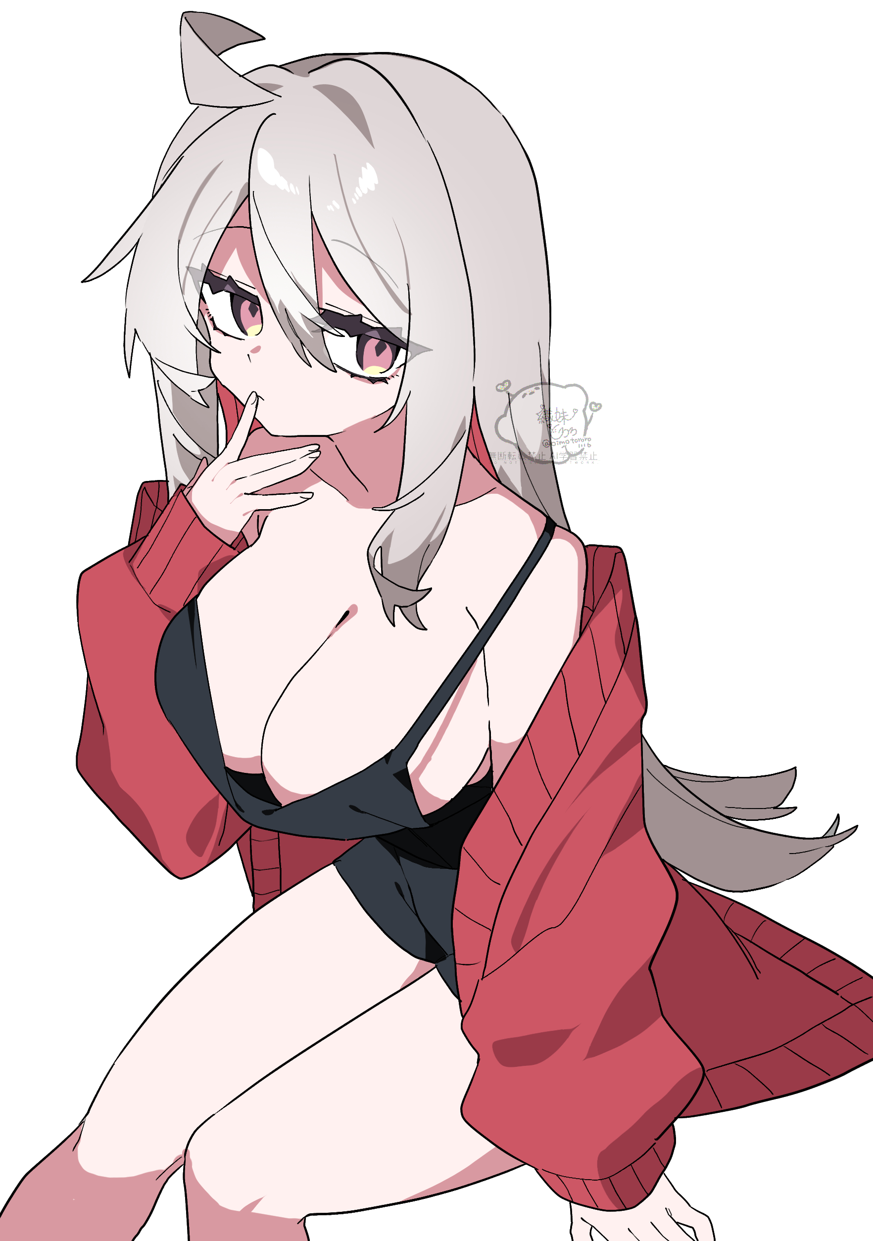 oimotororo1116, original, absurdres, commentary request, highres, 1girl, ahoge, arm support, bare shoulders, black dress, black tank top, bored, breasts, cardigan, cleavage, collarbone, colored inner hair, diamond-shaped pupils, diamond (shape), dress, expressionless, grey hair, hair between eyes, hair intakes, hand to own mouth, large breasts, long hair, long sidelocks, looking at viewer, loose clothes, ma tai (oimotororo1116), multicolored hair, no bra, off shoulder, open cardigan, open clothes, pink eyes, red cardigan, red hair, sidelocks, signature, sitting, solo, symbol-shaped pupils, tank top, thick eyelashes, thighs, tsurime, unkempt, white background