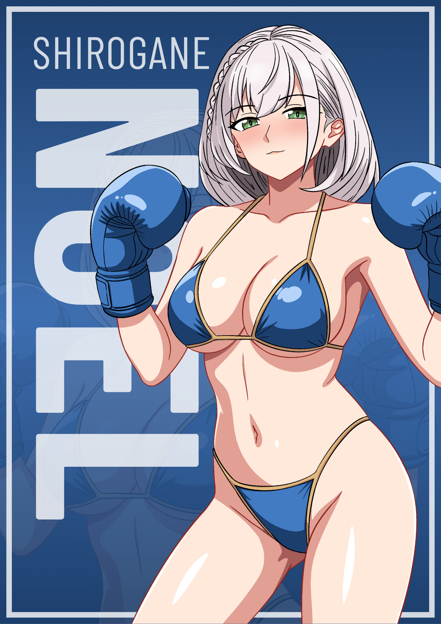 shirogane noel, hololive, commentary, english commentary, highres, non-web source, self-upload, 1girl, bare shoulders, bikini, blue bikini, blush, boxing, boxing gloves, breasts, cleavage, collarbone, green eyes, grey hair, large breasts, navel, pristina, short hair, smile, solo, swimsuit, thighs