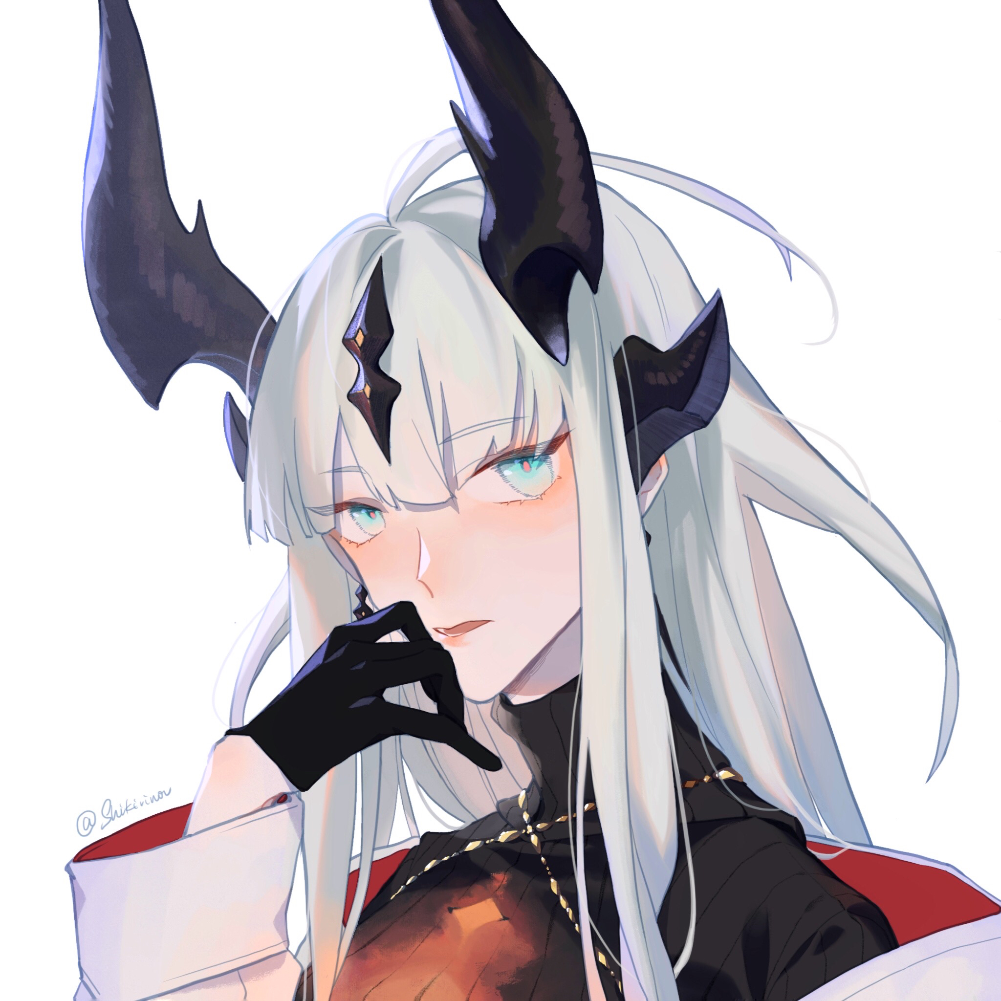 shikiri, reed (arknights), arknights, commentary request, highres, 1girl, black gloves, black sweater, blue eyes, blunt bangs, dragon girl, dragon horns, earrings, gloves, hand to own mouth, hand up, horns, jacket, jewelry, long hair, long sleeves, looking at viewer, off shoulder, open clothes, parted lips, portrait, ribbed sweater, simple background, solo, sweater, turtleneck, turtleneck sweater, twitter username, upper body, white background, white hair, white jacket