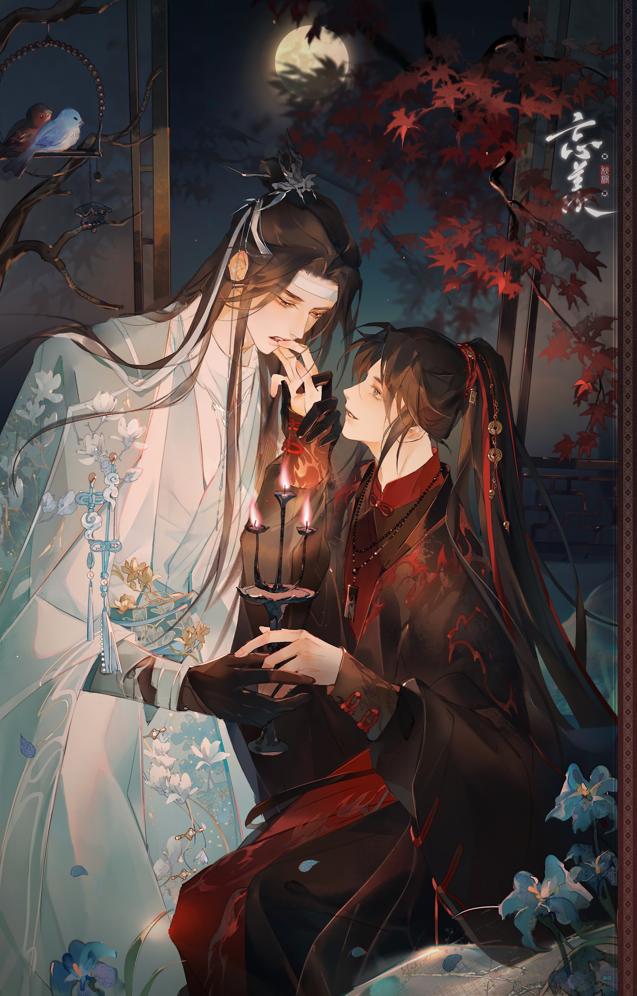 lan wangji, wei wuxian, modao zushi, absurdres, chinese commentary, commentary request, commission, highres, second-party source, 2boys, adapted costume, bird, bishounen, biting another's finger, black gloves, black hair, black hanfu, blue flower, blue sash, branch, candle, candlelight, candlestand, chinese clothes, chinese knot, chinese text, coin, coin hair ornament, couple, floral print, flower, full moon, gloves, grey eyes, hair ornament, hair ribbon, hanfu, headband, high ponytail, holding, holding another's wrist, holding candlestand, holding hands, holed coin, indoors, jewelry, lantern, leaf, long hair, long sleeves, looking at another, male focus, maple leaf, moon, multiple boys, necklace, night, open window, parted lips, ponytail, red ribbon, red sash, ribbon, robe, sash, shi ruo ke zhi, sidelocks, sitting, sky, smile, tassel, topknot, tree, watermark, white flower, white hanfu, white headband, wide sleeves, window, xiao guan (headdress), yaoi, yellow eyes