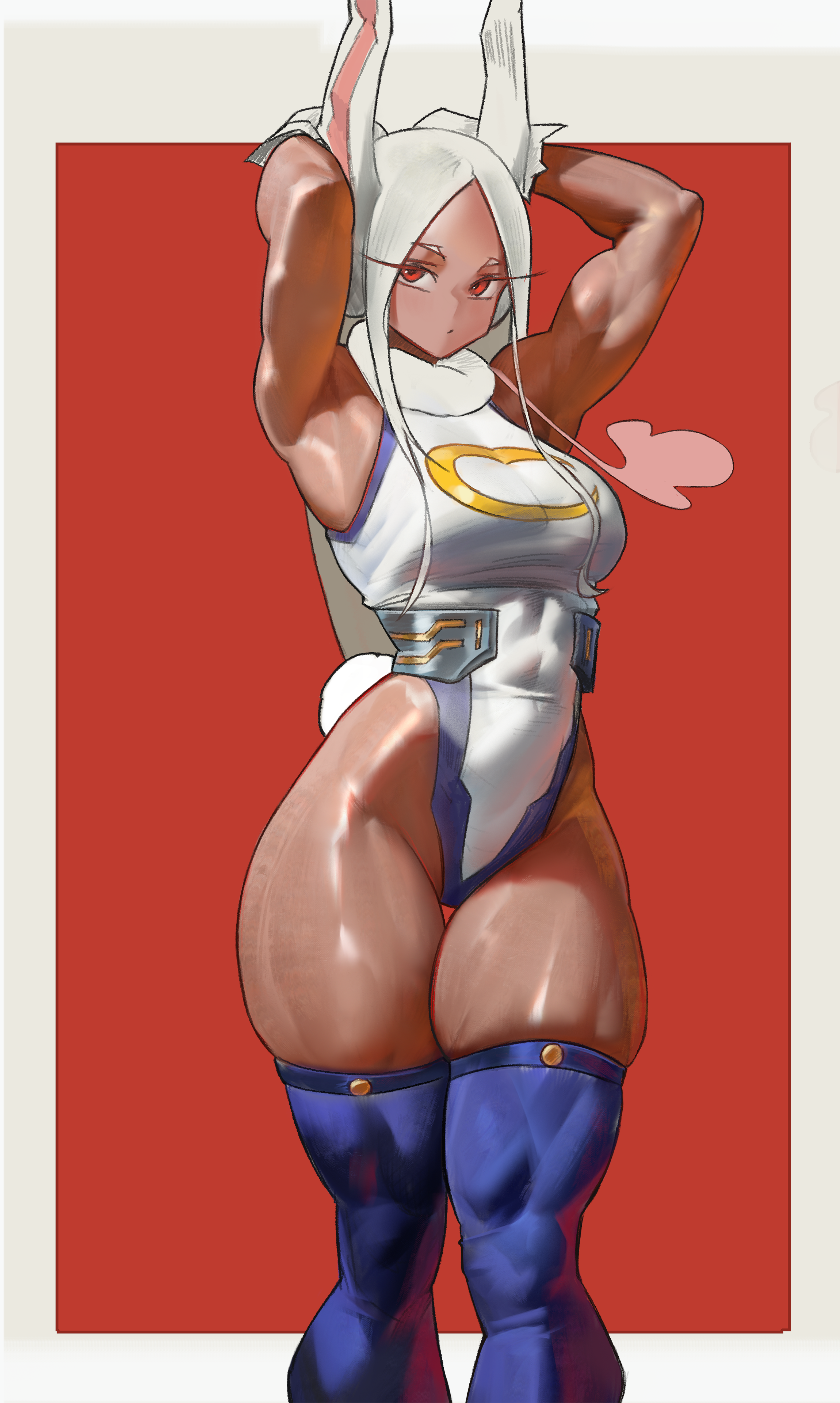 mirko, boku no hero academia, absurdres, commentary, highres, 1girl, animal ears, armpits, arms up, bare shoulders, border, breasts, clothing cutout, covered abs, covered navel, crescent print, dark-skinned female, dark skin, fur collar, gloves, highleg, highleg leotard, large breasts, leotard, long eyelashes, long hair, looking at viewer, parted bangs, purple thighhighs, rabbit ears, rabbit girl, rabbit tail, red background, red eyes, solo, tail, tail through clothes, taut leotard, the antin, thick thighs, thigh gap, thighhighs, thighs, toned, toned female, very long hair, white border, white gloves, white hair, white leotard