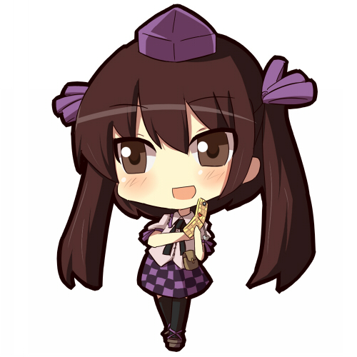 gijinka lemon, himekaidou hatate, touhou, lowres, 1girl, brown eyes, brown hair, cellphone, chibi, female focus, full body, hair ribbon, hat, phone, ribbon, simple background, solo, standing, thighhighs, tokin hat, white background