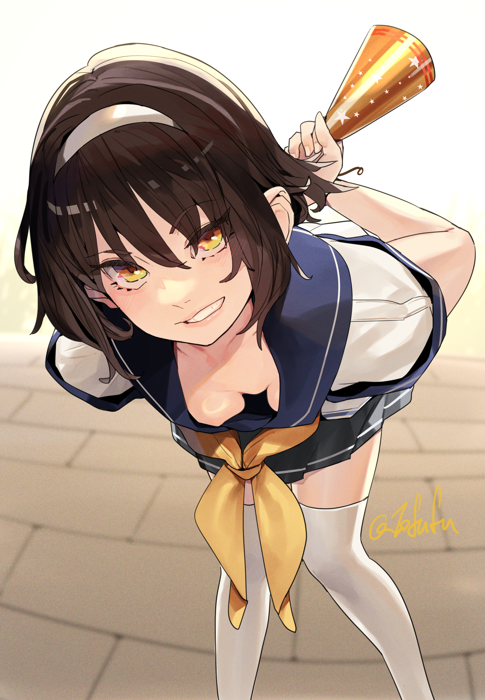 fuwafuwatoufu, tanikaze (kancolle), kantai collection, absurdres, commentary request, highres, 1girl, arms behind back, blush, breasts, brick floor, brown eyes, brown hair, cleavage, gloves, hairband, holding, holding party popper, lips, looking at viewer, neckerchief, party popper, pleated skirt, school uniform, serafuku, short hair, skirt, small breasts, smile, solo, thighhighs, white gloves, white hairband, white thighhighs, yellow neckerchief
