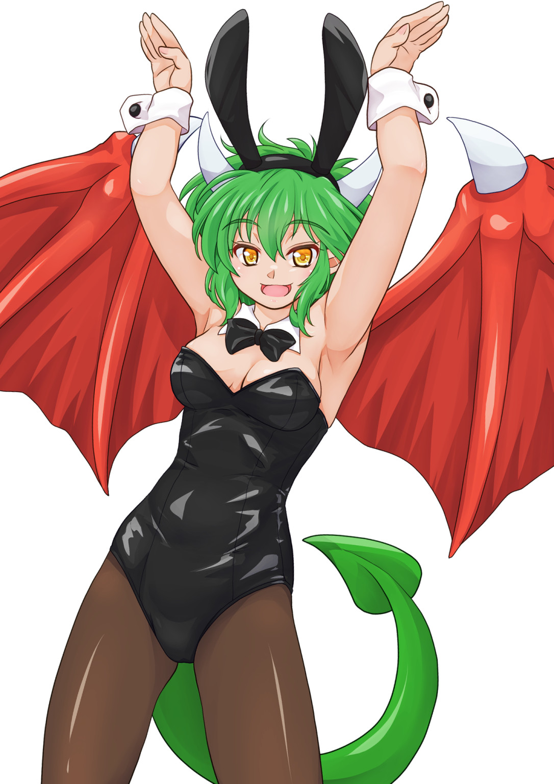 soumanantoka, draco centauros, puyopuyo, commentary request, highres, partial commentary, 1girl, animal ear hairband, animal ears, arms up, black bow, black bowtie, black leotard, bow, bowtie, breasts, brown pantyhose, cleavage, collar, cowboy shot, dragon girl, dragon horns, dragon tail, dragon wings, fake animal ears, green hair, hairband, horns, large breasts, leotard, looking at viewer, messy hair, open mouth, pantyhose, playboy bunny, rabbit ears, rabbit pose, short hair, simple background, smile, solo, strapless, strapless leotard, tail, white background, white collar, white wrist cuffs, wings, wrist cuffs, yellow eyes