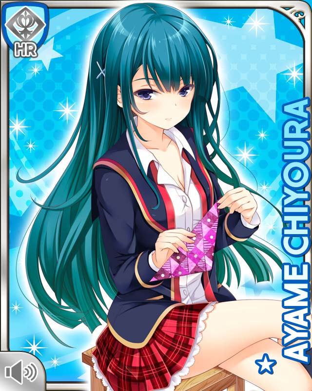qp:flapper, chiyoura ayame, girlfriend (kari), official art, 1girl, black eyes, blue background, blue hair, card (medium), character name, crossed legs, hair ornament, holding, jacket, long hair, looking at viewer, miniskirt, necktie, on stool, open clothes, open jacket, origami, plaid clothes, plaid skirt, pleated skirt, red necktie, red skirt, school uniform, shirt, sitting, skirt, solo, stool, thighs, undone necktie, white shirt, wooden stool, x hair ornament