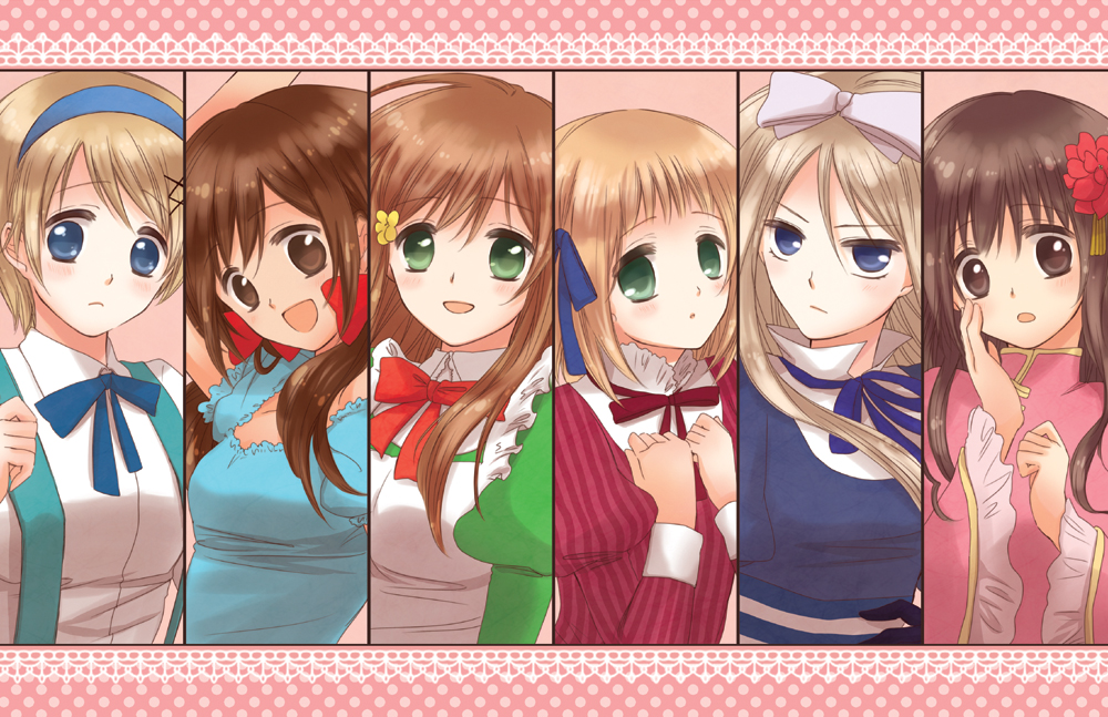 samako, belarus (hetalia), hungary (hetalia), liechtenstein (hetalia), seychelles (hetalia), taiwan (hetalia), ukraine (hetalia), axis powers hetalia, bad id, bad pixiv id, 6+girls, blonde hair, blue eyes, blush, brown eyes, brown hair, dress, flower, green eyes, hair flower, hair ornament, hair ribbon, long hair, looking at viewer, multiple girls, open mouth, ribbon, short hair, twintails
