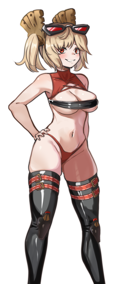 nico-mo, burnice white, mihoyo, zenless zone zero, variant set, 1girl, arm at side, bandeau, black-framed eyewear, black bandeau, black thighhighs, blonde hair, blush, breasts, feet out of frame, female focus, grin, hand on own hip, large breasts, looking at viewer, medium hair, naughty face, navel, panties, red-tinted eyewear, red eyes, red panties, red shrug, shrug (clothing), skindentation, sleeveless, sleeveless shrug, smile, solo, standing, sunglasses on head, teeth, thigh strap, thighhighs, tinted eyewear, twintails, underwear