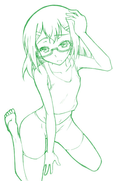 kinoshita hideyoshi, baka to test to shoukanjuu, 1boy, barefoot, bike shorts, flat chest, glasses, male focus, monochrome, solo, trap