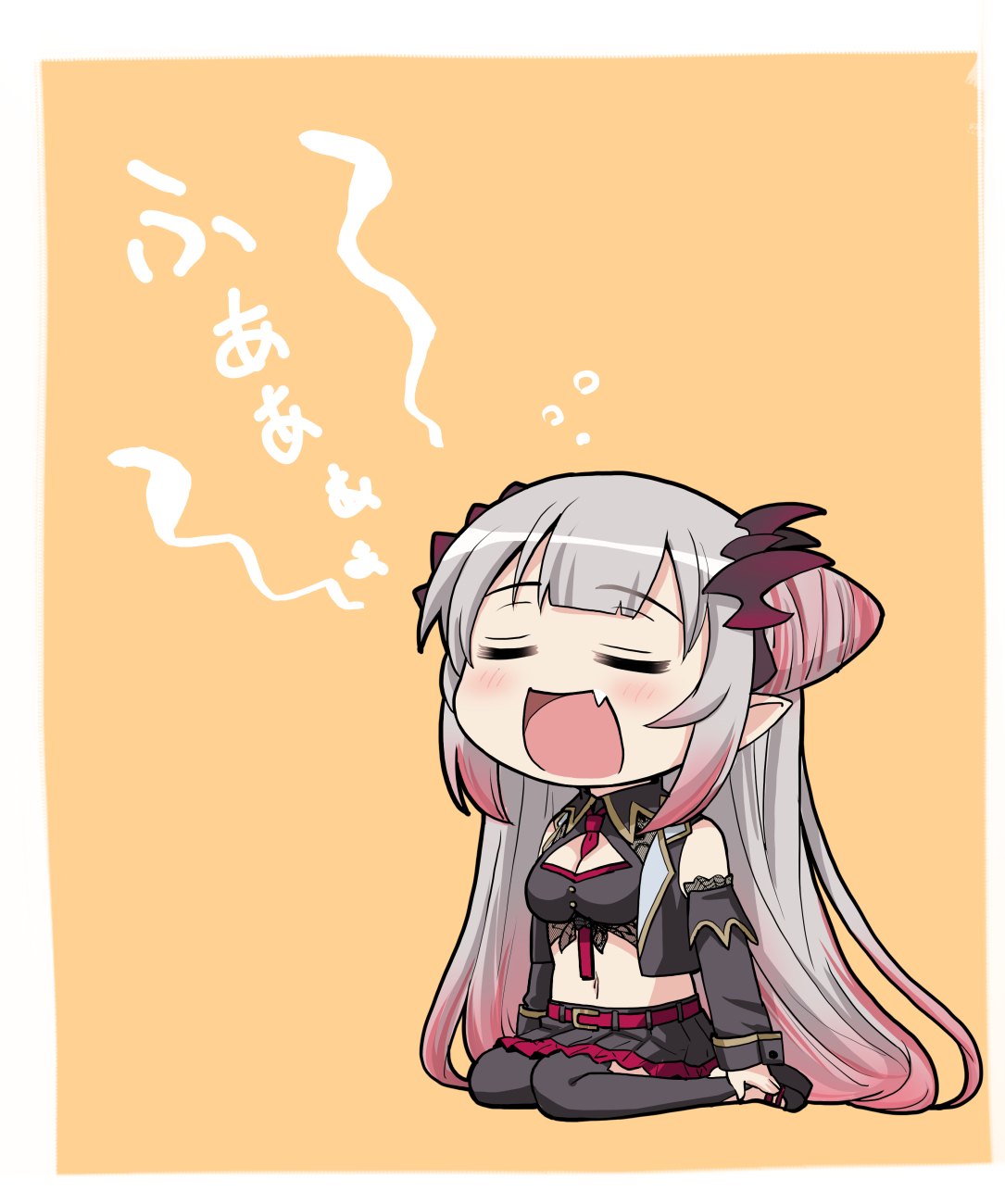 haniwa (leaf garden), suou patra, suou patra (1st costume), nanashi inc., commentary request, highres, 1girl, :d, belt, between breasts, black shirt, black shoes, black skirt, black sleeves, black thighhighs, black vest, blush, breasts, chibi, chibi only, cleavage cutout, closed eyes, clothing cutout, collared shirt, cone hair bun, crop top, cropped vest, demon horns, detached sleeves, double bun, fang, frilled skirt, frills, full body, gradient hair, grey hair, hair bun, headgear, horns, long hair, long sleeves, medium breasts, miniskirt, multi-source commentary, multicolored hair, necktie, necktie between breasts, open clothes, open mouth, open vest, orange background, pink hair, pink streaks, pleated skirt, pointy ears, red belt, red horns, red necktie, shirt, shoes, side up bun, simple background, sitting, skirt, sleeveless, sleeveless shirt, smile, solo, stirrup legwear, streaked hair, thighhighs, toeless legwear, very long hair, vest, virtual youtuber, wariza