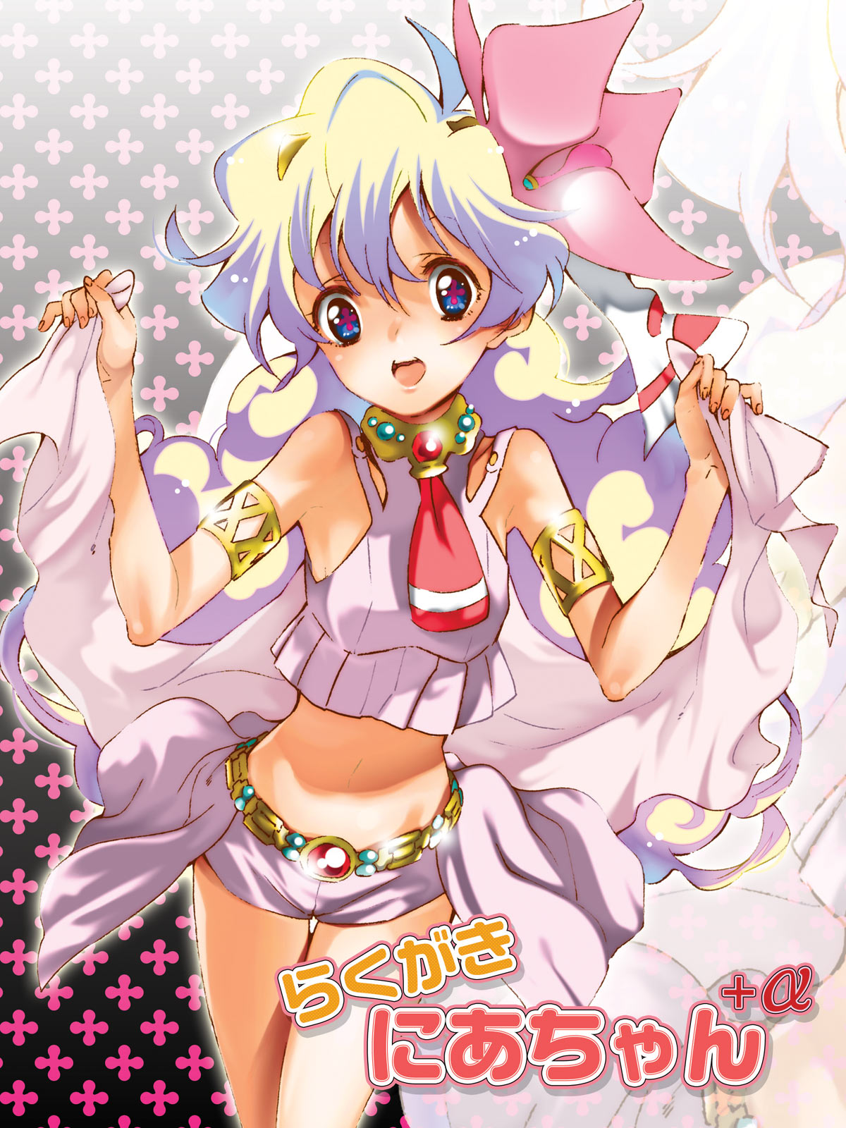 yukimitsuki, nia teppelin, tengen toppa gurren lagann, highres, 00s, 1girl, belt, crop top, crop top overhang, female focus, flower, hair ornament, jewelry, long hair, midriff, multicolored hair, short shorts, shorts, solo, thigh gap