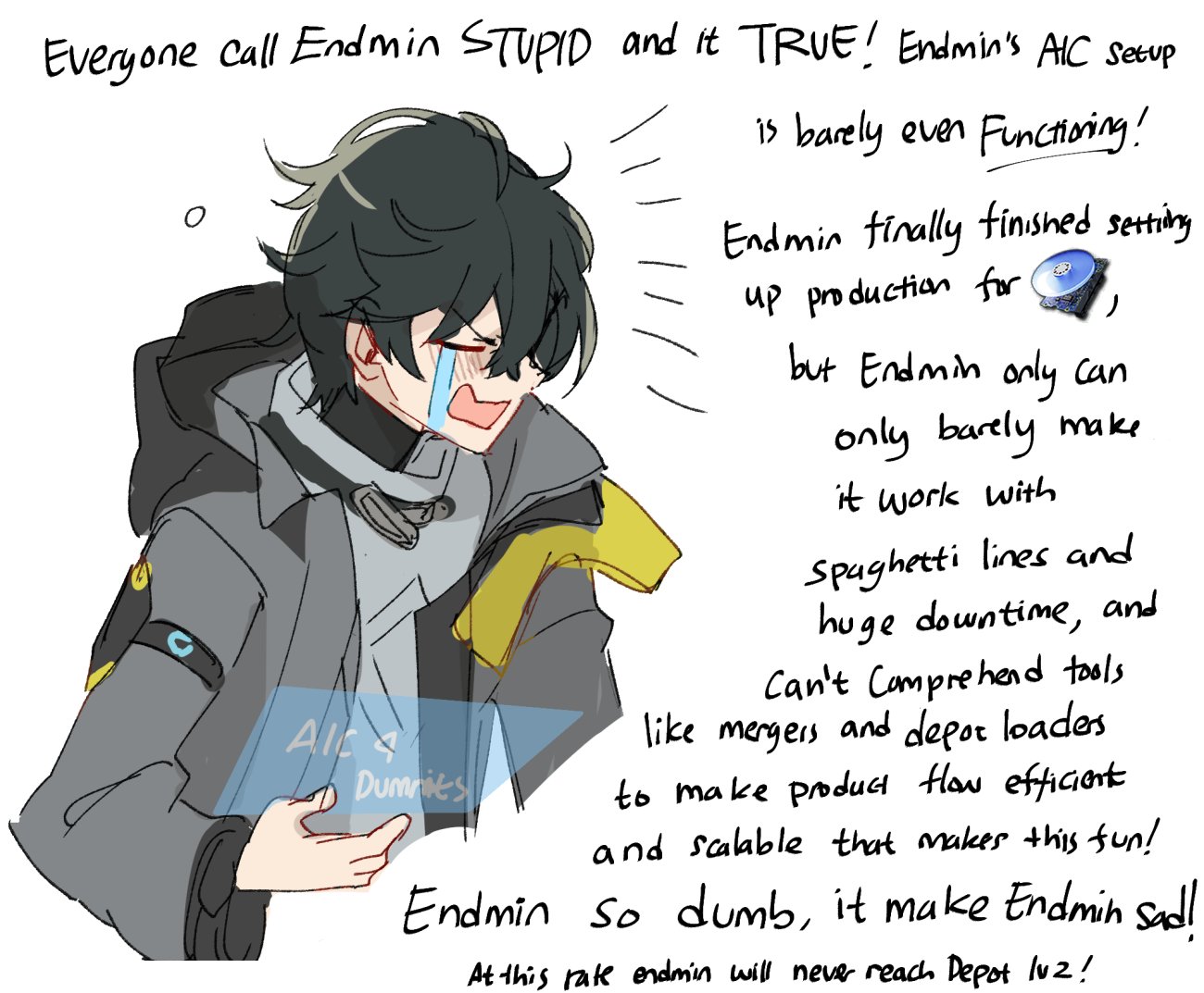 shirohunter, endministrator (arknights), male endministrator (arknights), arknights, arknights: endfield, commentary, english commentary, 1boy, black coat, black mask, closed eyes, coat, cropped torso, crying, english text, grey sweater, holographic interface, long sleeves, male focus, open clothes, open coat, open mouth, short hair, simple background, solo, sweater, tears, turtleneck, turtleneck sweater, white background