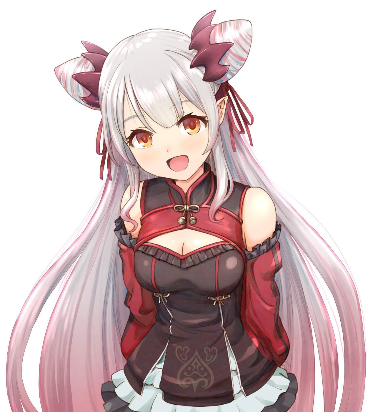 haniwa (leaf garden), suou patra, suou patra (2nd costume), nanashi inc., commentary request, highres, 1girl, :d, arms behind back, bare arms, bare shoulders, black dress, black skirt, breasts, china dress, chinese clothes, cleavage, cleavage cutout, clothing cutout, cone hair bun, demon horns, detached sleeves, double-parted bangs, double bun, dress, frilled dress, frilled skirt, frills, gradient hair, grey hair, hair bun, headgear, horns, layered skirt, lolita fashion, long hair, long sleeves, looking at viewer, mandarin collar, medium breasts, multicolored hair, official alternate costume, open mouth, orange eyes, pink hair, pink streaks, pointy ears, qi lolita, raised eyebrows, red horns, red sleeves, short dress, side up bun, simple background, skirt, sleeveless, sleeveless dress, smile, solo, streaked hair, transparent background, upper body, very long hair, virtual youtuber