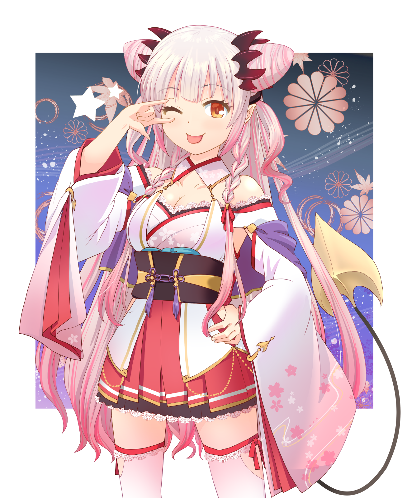 haniwa (leaf garden), suou patra, suou patra (3rd costume), nanashi inc., commentary request, highres, 1girl, ;p, m/, black sash, braid, braided sidelocks, breasts, cleavage, cleavage cutout, clothing cutout, cone hair bun, cowboy shot, demon girl, demon horns, demon tail, detached collar, detached sleeves, double bun, frilled thighhighs, frills, furisode sleeves, gradient hair, grey hair, hair bun, hakama, hakama short skirt, hakama skirt, hand on own hip, hand up, headgear, horns, japanese clothes, kimono, long hair, long sleeves, medium breasts, miniskirt, multicolored hair, nontraditional miko, obi, obidome, obijime, off shoulder, official alternate costume, official alternate hairstyle, one eye closed, orange eyes, pink hair, pink streaks, pleated skirt, pointy ears, red horns, red skirt, sash, side braids, side up bun, skirt, sleeves past wrists, solo, streaked hair, tail, thighhighs, tongue, tongue out, twin braids, two side up, underbust, very long hair, virtual youtuber, white kimono, white thighhighs, wide sleeves