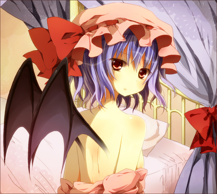 hinase haruka, remilia scarlet, touhou, bad id, bad pixiv id, 1girl, bat wings, bed, blue hair, female focus, flat chest, hat, looking back, red eyes, short hair, solo, topless female, undressing, wings