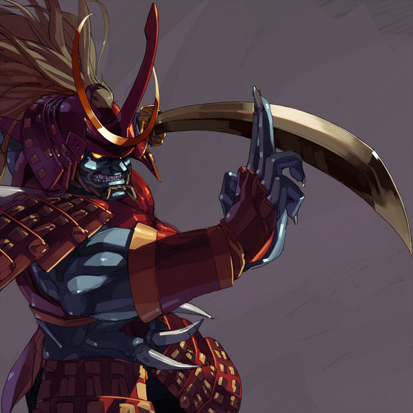 shihou (g-o-s), bishamon, capcom, darkstalkers, resized, armor, blue skin, colored skin, demon, glowing, glowing eyes, helm, helmet, japanese armor, kabuto (helmet), katana, kote, kusazuri, mask, pixiv thumbnail, samurai, samurai armor, shoulder armor, sode, sword, weapon