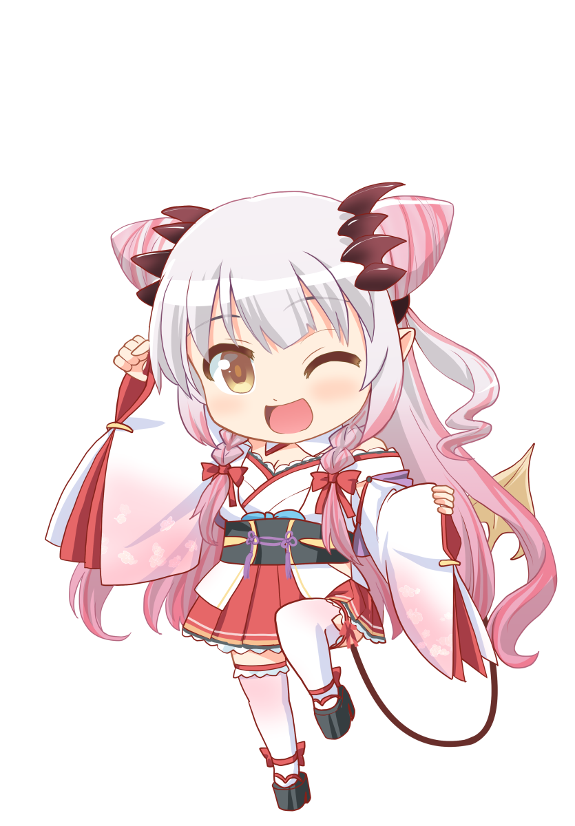haniwa (leaf garden), suou patra, suou patra (3rd costume), nanashi inc., commentary request, highres, 1girl, ;d, black sandals, black sash, braid, braided sidelocks, brown eyes, chibi, chibi only, cone hair bun, demon girl, demon horns, demon tail, detached collar, detached sleeves, double bun, furisode sleeves, gradient hair, grey hair, hair bun, hakama, hakama short skirt, hakama skirt, half up braid, headgear, horns, japanese clothes, kimono, knee up, long hair, long sleeves, miniskirt, multicolored hair, nontraditional miko, obi, obidome, obijime, off shoulder, official alternate costume, official alternate hairstyle, okobo, one eye closed, open mouth, pinching sleeves, pink hair, pink streaks, platform heels, platform sandals, pleated skirt, pointy ears, red horns, red skirt, sandals, sash, side braids, side up bun, simple background, skirt, sleeves past wrists, smile, solo, standing, standing on one leg, streaked hair, tail, thighhighs, transparent background, twin braids, two side up, underbust, very long hair, virtual youtuber, white kimono, white thighhighs, wide sleeves