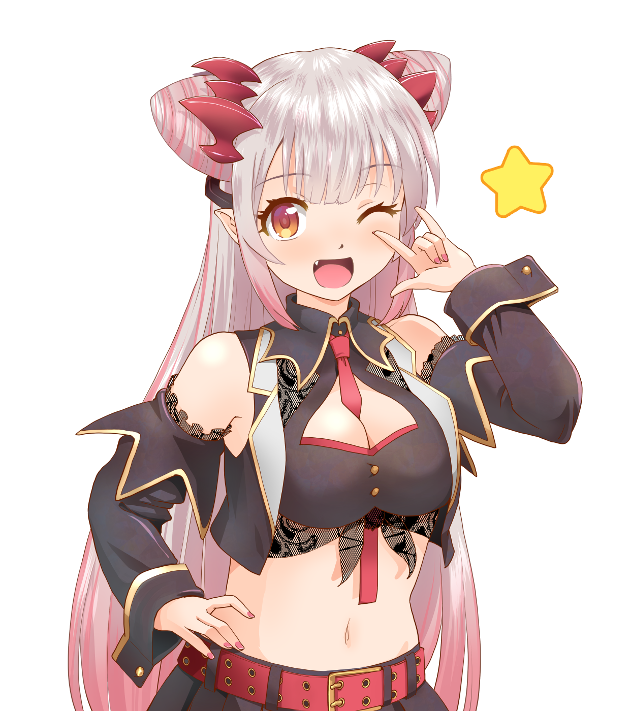 haniwa (leaf garden), suou patra, suou patra (1st costume), nanashi inc., commentary request, highres, 1girl, m/, belt, between breasts, black shirt, black skirt, black sleeves, black vest, breasts, cleavage, cleavage cutout, clothing cutout, collared shirt, cone hair bun, crop top, cropped vest, demon horns, detached sleeves, double bun, fang, frilled skirt, frills, gold buttons, gradient hair, grey hair, hair bun, hand on own hip, headgear, horns, light blush, long hair, long sleeves, medium breasts, midriff, multicolored hair, navel, necktie, necktie between breasts, open clothes, open mouth, open vest, orange eyes, pink hair, pink streaks, pleated skirt, pointy ears, red belt, red horns, red necktie, shirt, side up bun, simple background, skirt, sleeveless, sleeveless shirt, solo, streaked hair, transparent background, very long hair, vest, virtual youtuber